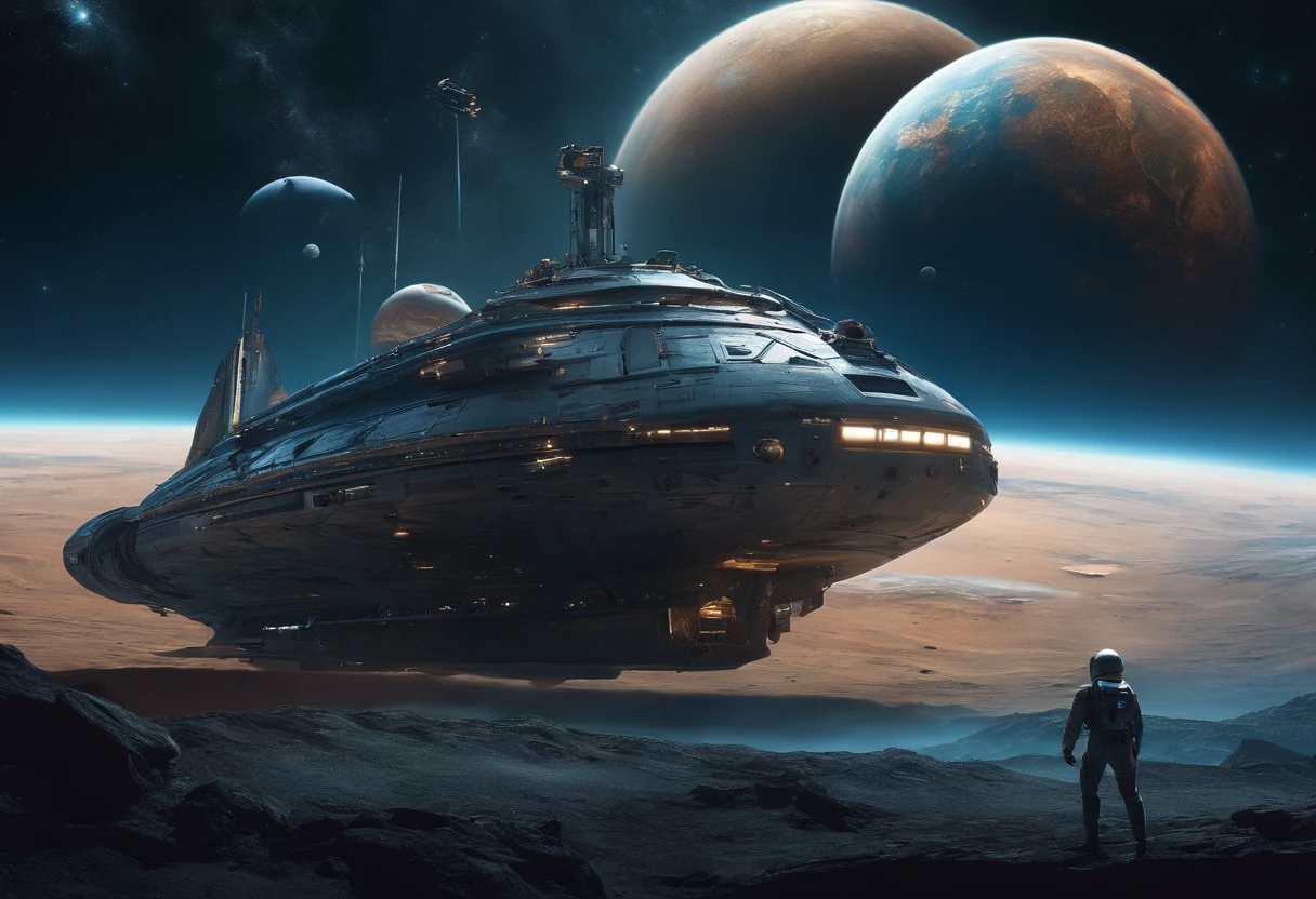 Best quality, , 超高分辨率, (Realistic photography:1.4), ultra-realistic realism, A damaged spaceship is floating in the vast universe. There are robots and astronauts outside the ship repairing it. There are many planets in the distance as the background.