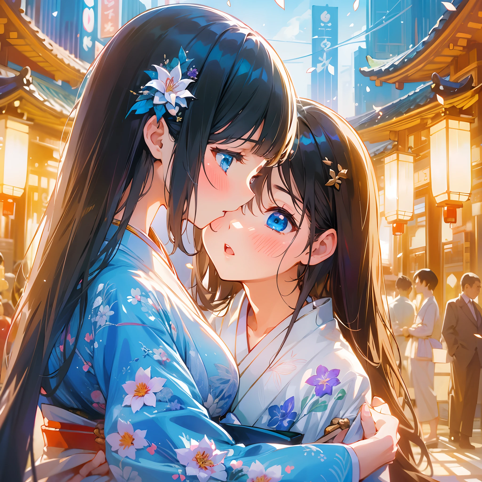 Japanimation, eroge, Incredibly hyper-detailed and intricately realistic, Perfect, Cover art, zoomout, hyper detailed painting, luminism, with an intricate, 4k resolution concept art portrait, extremely high level illustration, 16k, extremely high level illustration, absurd resolution, absurd detailed, f1.4/35mm, soft and warm lighting, (((masterpiece))), best quality, extremely detailed, fantasy lighting, beautiful detailed glow, perspective, depth of field, proportion, blurry background, bokeh, sharp focus, depth and dimension, Japanese scene, Japanese composition, Fantasy lighting, an extremely beautiful detailed Ginza city, Beautiful, beautiful detail girls, (yuri:1.2), (lesbian:1.2), (2 girls:1.2), (kiss: 1.2), (deep kiss:1.2) (hug: 1.2), full body character, Beautiful, Female, Long Black Hair, Azure eyes, Detailed face, White skin, The girl is putting her weight on one leg, lily, Kimono, flower in hair, window, frosted glass, Taisho era, Taisho Roman