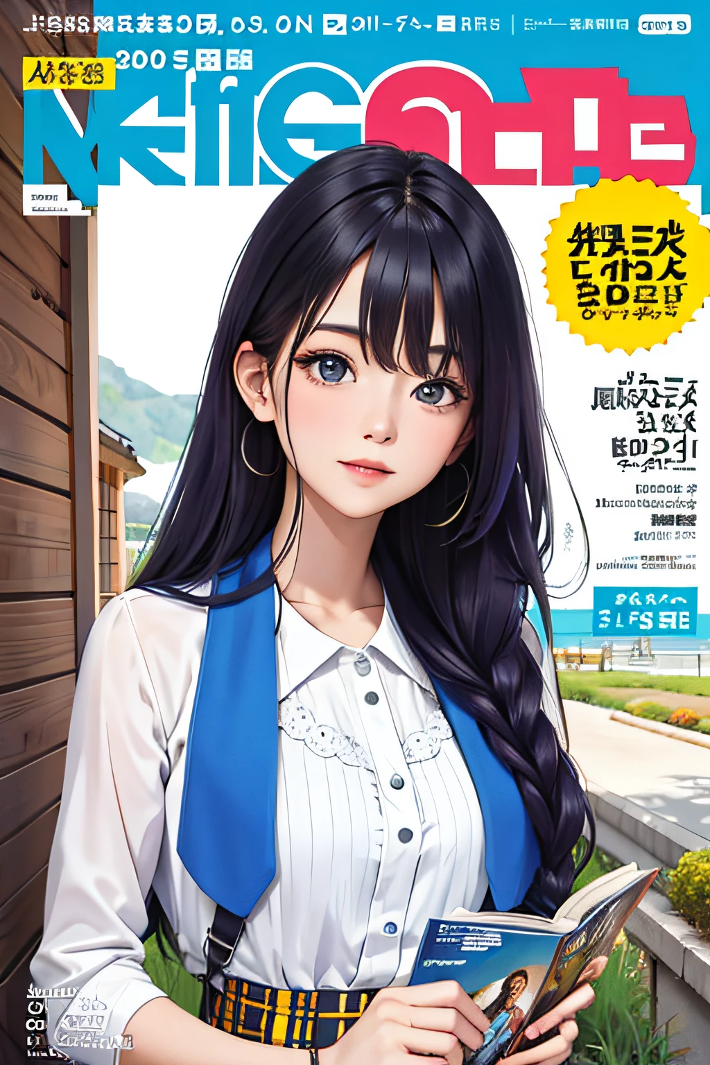 masterpiece, best quality, spring outfit, colorful hair, outdoor, magazine cover ,upper body,