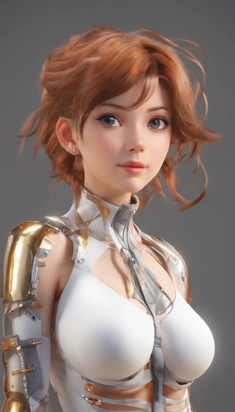 (masterpiece:1.1), (highest quality:1.1), fullbody, short hair, good anatomy, hair bun,, (1girl:1.2), (detailed face and eyes:1.25), solo, orange hair, brown hair, brown eyes, (huge breasts:1.3), ((white skintight bodysuit:1.2), cleavage:1.2), blush, looking at viewer, mature female, sidelocks, tachibana kyouka,, zaum, elysiumchar, oil painting,  sexy girl