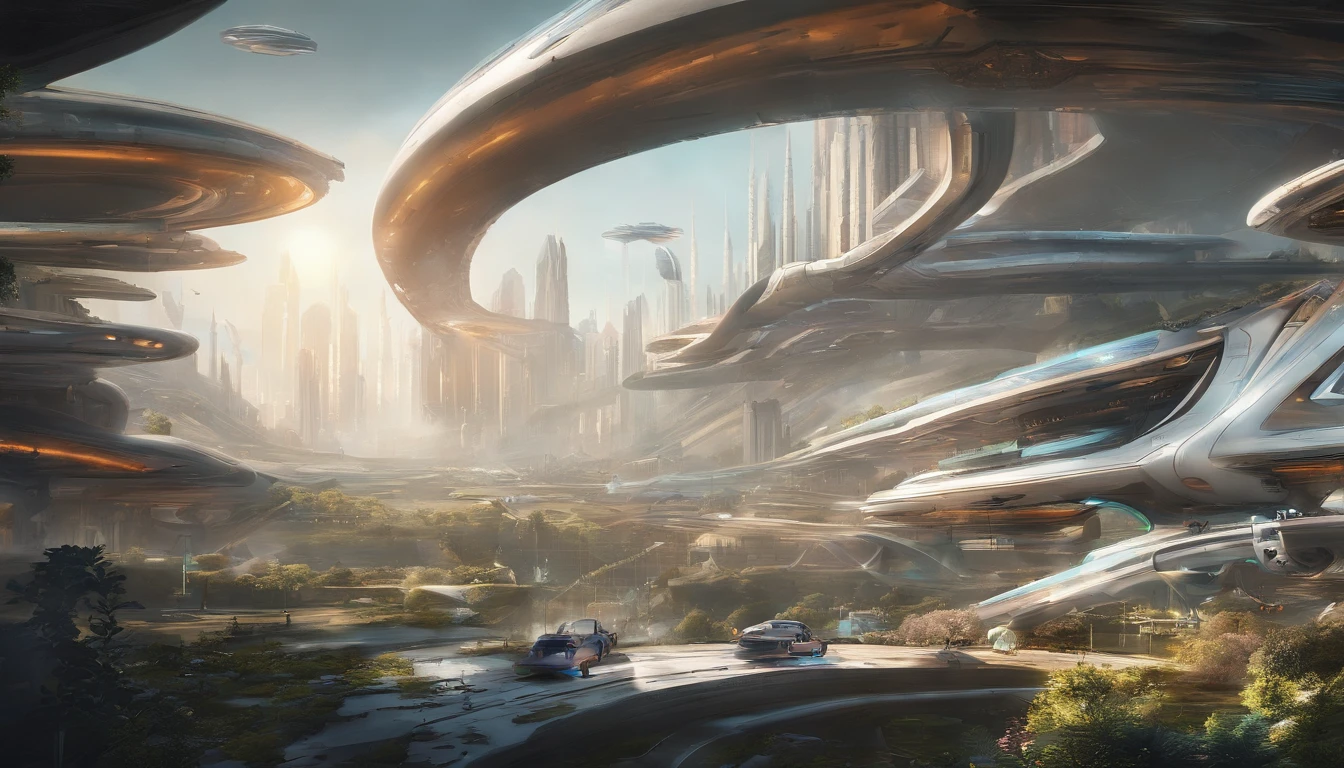What photography，Ultra photo realsisim，Hyper-detailing，Ultra-wide-angle picture，24th century，sci fi city，and the sun was shining brightly，Tech City of the Future，Oval building，Suspended circular aircraft，Roads leading in all directions，highly detailed surreal vfx，Smudge，Faraway view，super-fine，ultra - detailed，high qulity，8K ，oc rendered，dynamic viewing angle