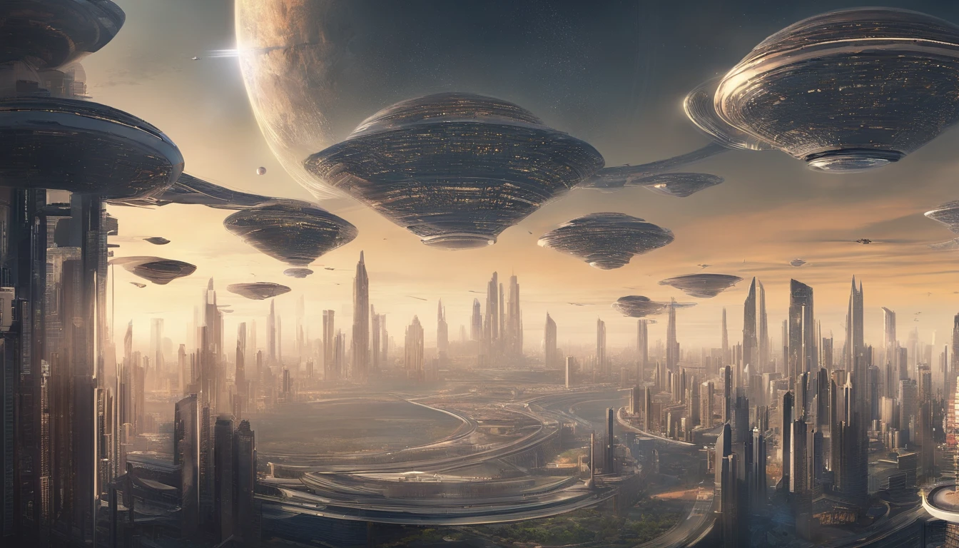 What photography,Ultra photo realsisim,Hyper-detailing,Ultra-wide-angle picture,24th century,sci fi city,and the sun was shining brightly,Tech City of the Future,Oval building,Suspended circular aircraft,Roads leading in all directions,highly detailed surreal vfx,Smudge,Faraway view,super-fine,ultra - detailed,high qulity,8K ,oc rendered,dynamic viewing angle
