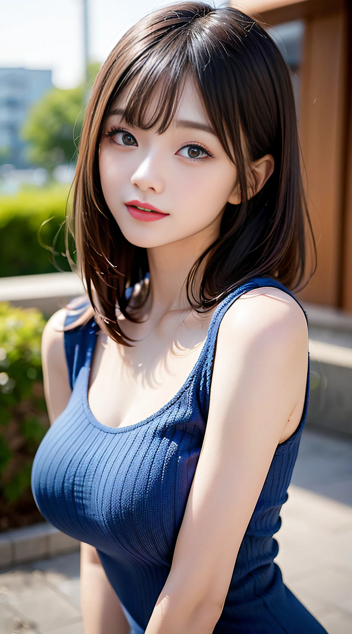 masutepiece, Best Quality, Photorealsitic, finely detail, hight resolution, 8K Wallpapers, Perfect dynamic composition, Beautiful detailed eyes, Medium Hair, poneyTail、Medium chest, Random and sexy poses,Bring your chest together、(Tight Blue Knitwear)、(Breast bulge)、A smile、open open mouth、The tip of the tongue is visible、Beautiful resort scenery、25-years old、(Drooping eyes 1.4)、Adult beauty、japanes、Raise one hand、Beautiful armpits, (nsfw)