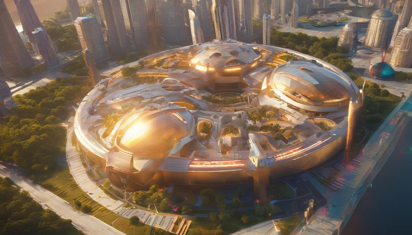 What photography,Ultra photo realsisim,Hyper-detailing,Ultra-wide-angle picture,24th century,sci fi city,and the sun was shining brightly,Tech City of the Future,Oval building,Suspended circular aircraft,Roads that lead in all directions,highly detailed surreal vfx,Smudge,Faraway view,super-fine,ultra - detailed,high qulity,8K ,oc rendered,dynamic viewing angle