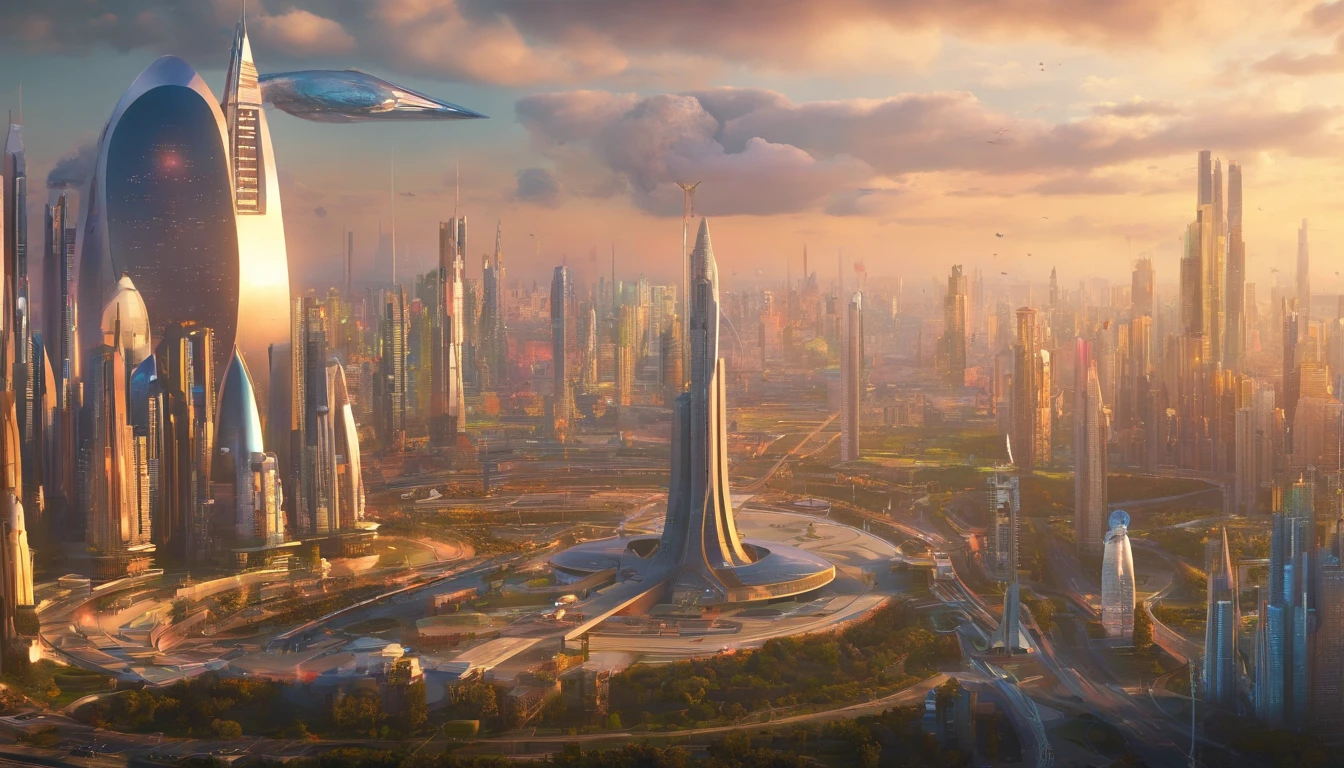 What photography,Ultra photo realsisim,Hyper-detailing,Ultra-wide-angle picture,24th century,sci fi city,and the sun was shining brightly,Tech City of the Future,Oval building,Suspended circular aircraft,Roads that lead in all directions,highly detailed surreal vfx,Smudge,Faraway view,super-fine,ultra - detailed,high qulity,8K ,oc rendered,dynamic viewing angle