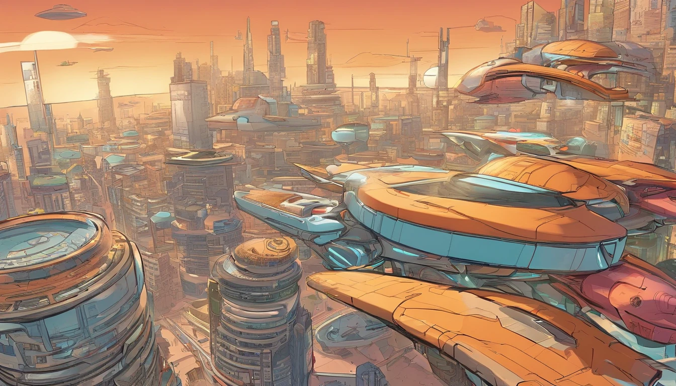 What photography,Ultra photo realsisim,Hyper-detailing,Ultra-wide-angle picture,24th century,sci fi city,and the sun was shining brightly,Tech City of the Future,Oval building,Suspended circular aircraft,Roads that lead in all directions,highly detailed surreal vfx,Smudge,Faraway view,super-fine,ultra - detailed,high qulity,8K ,oc rendered,dynamic viewing angle