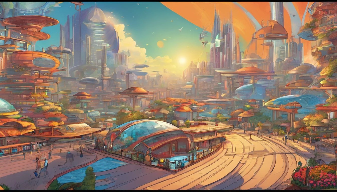 What photography，Ultra photo realsisim，Hyper-detailing，Ultra-wide-angle picture，24th century，sci fi city，and the sun was shining brightly，Tech City of the Future，Oval building，Suspended circular aircraft，Roads that lead in all directions，highly detailed surreal vfx，Smudge，Faraway view，super-fine，ultra - detailed，high qulity，8K ，oc rendered，dynamic viewing angle