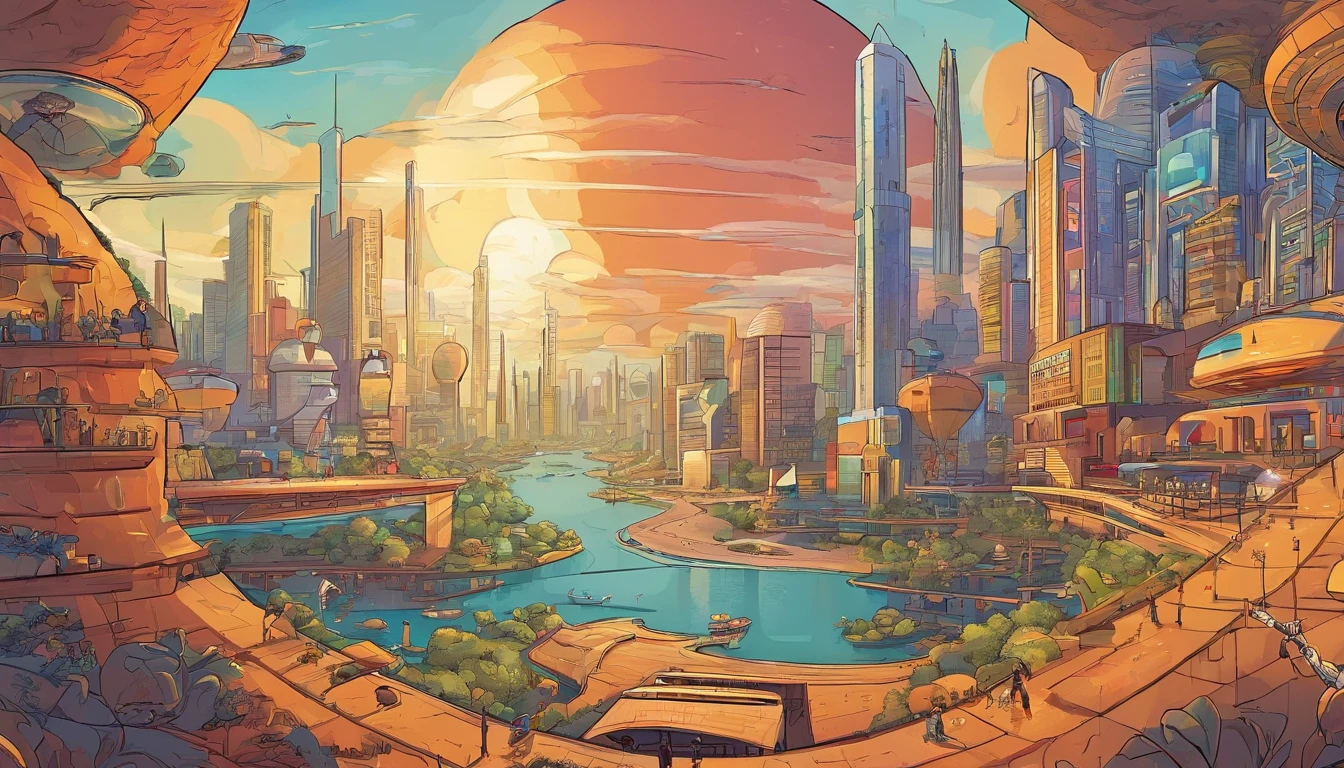 What photography,Ultra photo realsisim,Hyper-detailing,Ultra-wide-angle picture,24th century,sci fi city,and the sun was shining brightly,Tech City of the Future,Oval building,Suspended circular aircraft,Roads that lead in all directions,highly detailed surreal vfx,Smudge,Faraway view,super-fine,ultra - detailed,high qulity,8K ,oc rendered,dynamic viewing angle