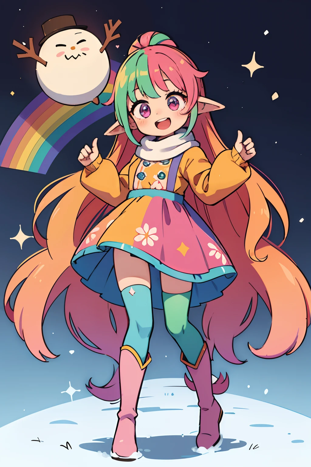 Stand in front of the photo、1girl in,Full body,The long-haired, rainbow color Hair,long boots,Open mouth and big smile、kawaii pose、Flowing iridescent silk、Wearing colored tights、up of face、Eye Up、Colorcon with heart pattern、Floral dress、Pose with the snowman、snowscape、season!!: Winters☀ 🍂