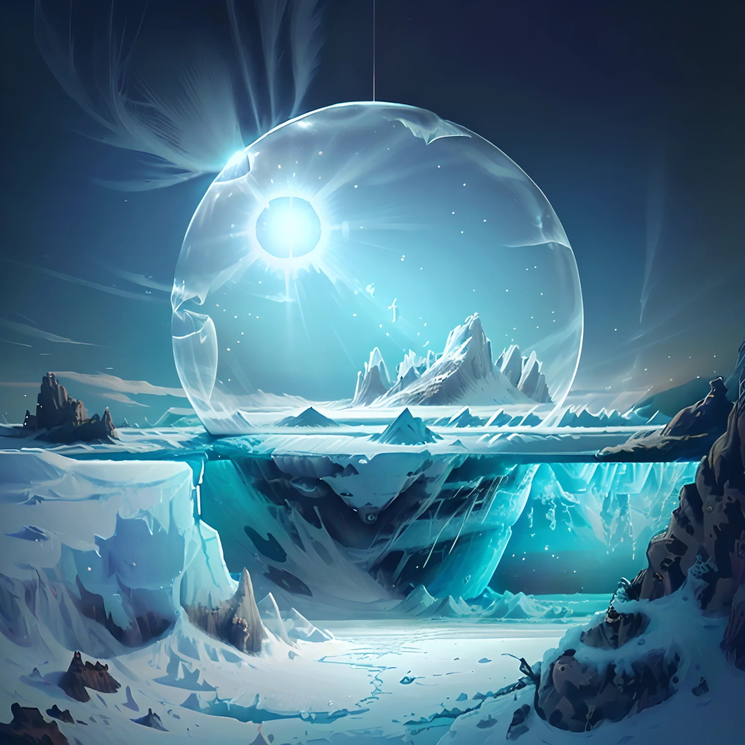 Ant habitat with poisonous air surrounded by transparent barriers, nests are made of snow and have a hemispherical dome shape when looking down from the sky, sunlight shines inside from a partially collapsed snow wall and small icebergs can be seen, icebergs are overgrown with plants and there is also a beautiful water source, but outside the nest is a flat land covered with glaciers and no plants grow, the wind is blowing and snow is flying, The nest looks small because it is seen from a distance, there is a shadow where the sun is not shining, a blue sky, (and something can be seen from the ground at the end of the nest)