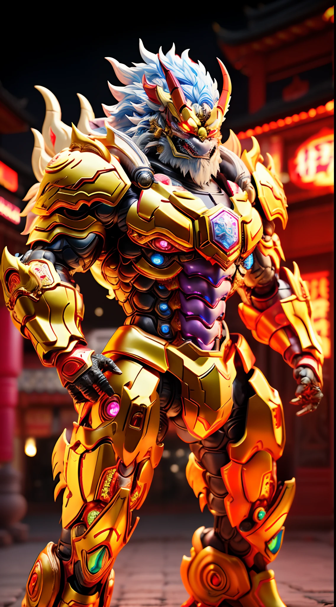 CHINESE DRAGON KING, RAINBOW COLORED, HETEROCHROMIA EYE, MECHA HEAVY ARMOR, TRANSPARANT, MUSCLE BODY.