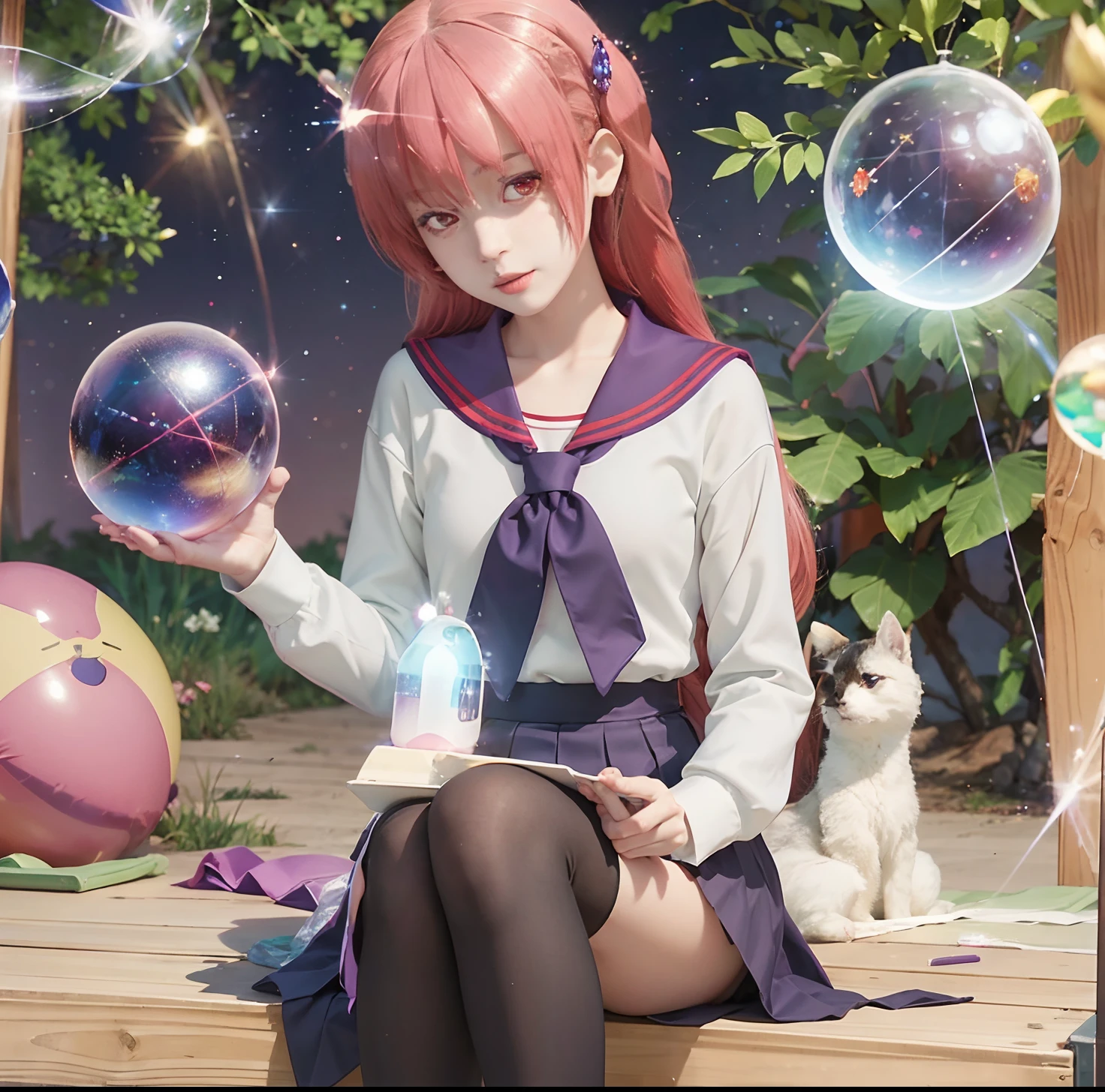 lens flare, sparkle, sparkle background, diffraction spikes, sun, bubble, glint, bubble blowing, sparkling eyes, imagining, energy ball, planet, bokeh, 1girl, ovum, ball, solo, sunlight, lights, sperm cell, thighhighs, stage lights, fertilization, school uniform, blue skirt, impregnation, orb, + +, thought bubble, light rays, ^^^, shooting star, crystal ball, light censor, sitting, fireworks, rainbow, blush, skirt, balloon, sparks, sparkler, +++, spotlight, constellation, long hair, blue sailor collar, circle, serafuku, hirschgeweih antennas, no shoes, collarbone, chewing gum, star \(sky\), light, doyagao, globe, ufo, sunbeam, space, sailor collar, ?, hair between eyes, peeing, egg, red eyes, yin yang, pee, blank speech bubble, looking at viewer