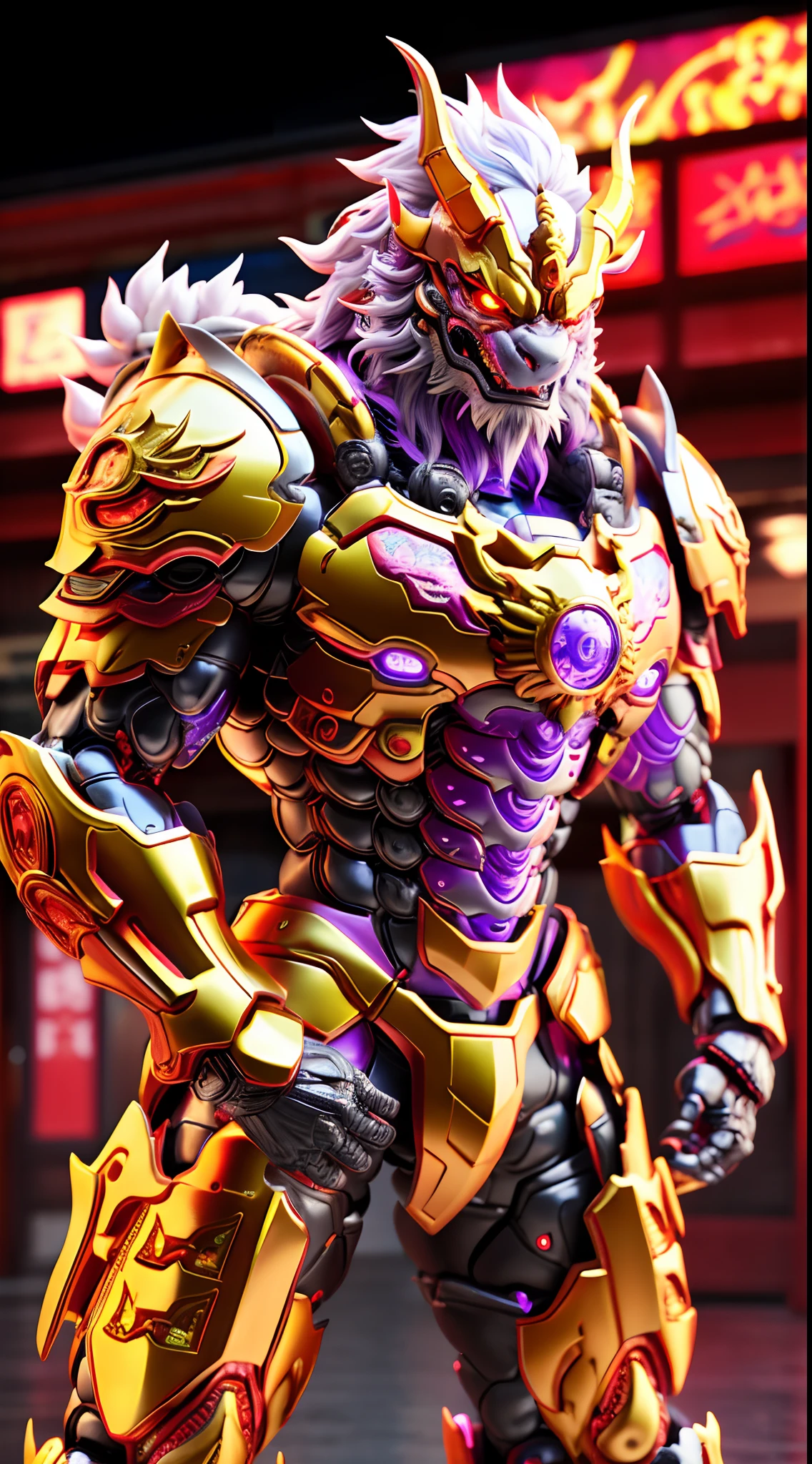 CHINESE DRAGON KING, RAINBOW COLORED, HETEROCHROMIA EYE, MECHA HEAVY ARMOR, TRANSPARANT, MUSCLE BODY.