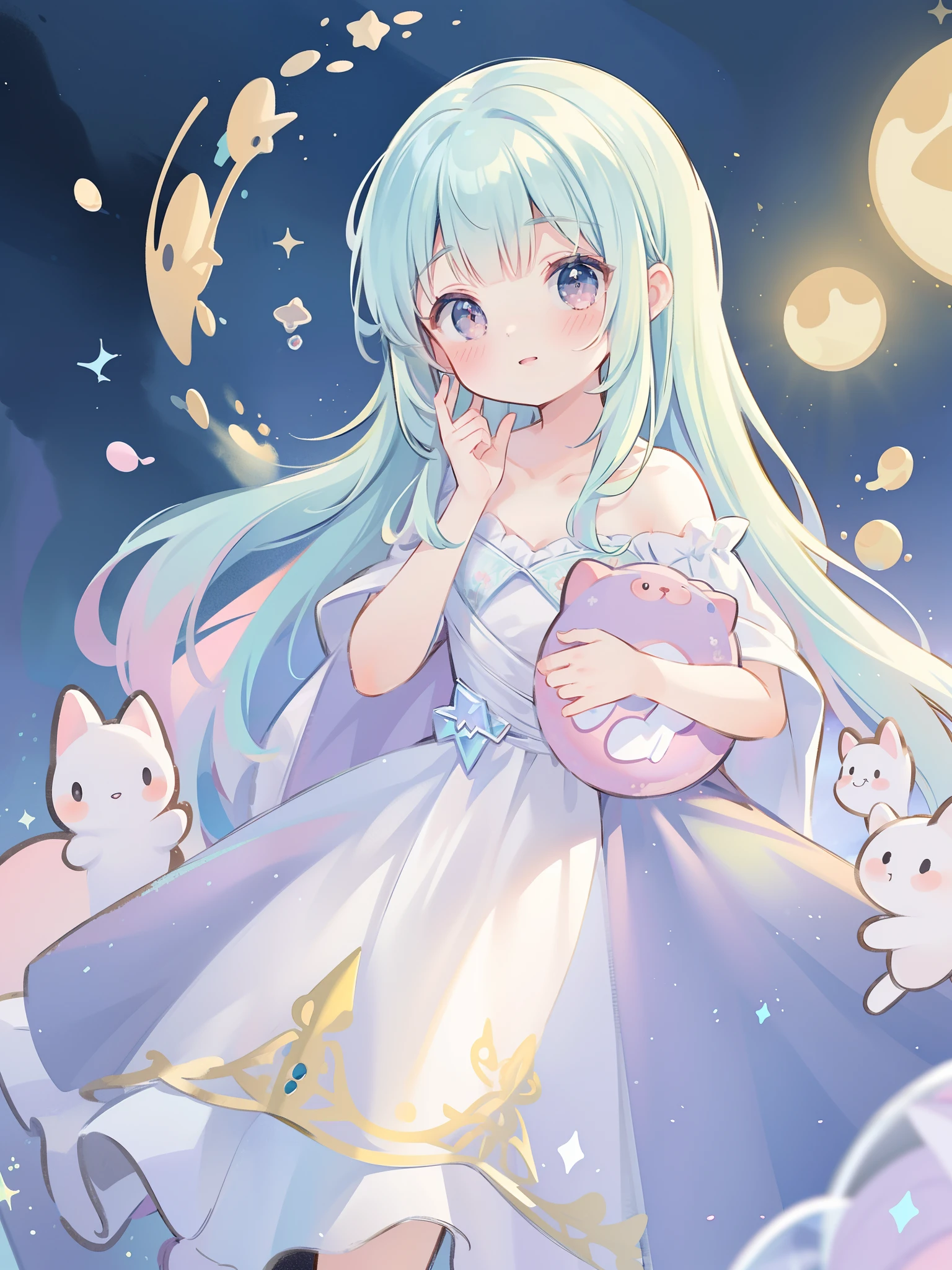 masterpiece, best quality, 8k resolution, sharp focus, intricate detail, beautiful girl, sparkling eyes, golden ratio face, otherworldly liquid, watercolor, ((pastel colors)), bright colors, whimsical, colorful, sharp focus, high resolution, fine detail, princess fantasy ballgown, ((round eyes)), iridescent bubbles, castle landscape in background