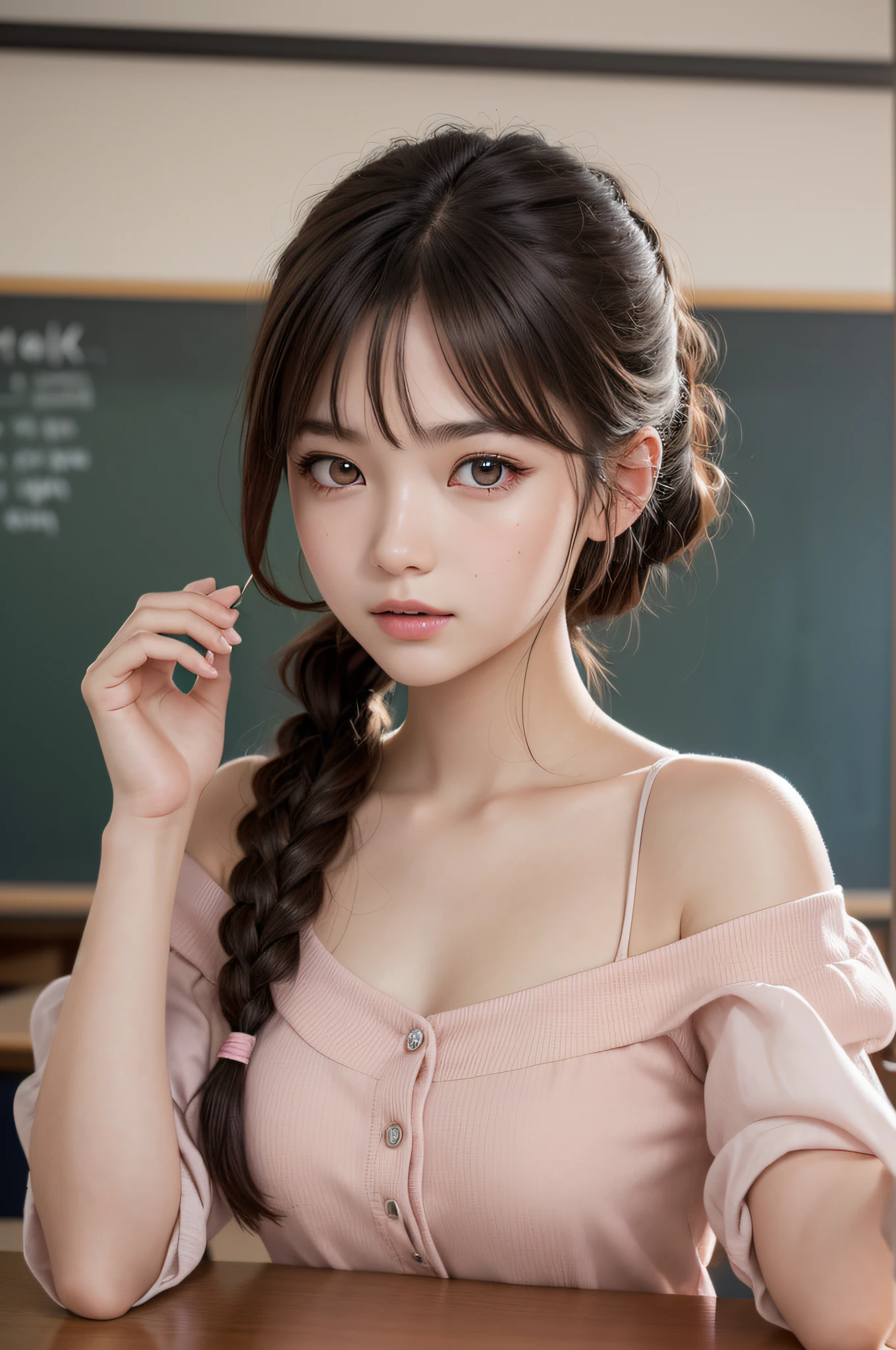 ((1girl in)), ((Best Quality)), (Ultra-detailed), (extremely detailed CG unified 8k wallpaper), Highly detailed, High-definition raw color photos, Professional Photography, (Twintails), Brown hair, Amazing face and eyes, Pink eyes, (amazingly beautiful girl), School, classroom, off shoulder,