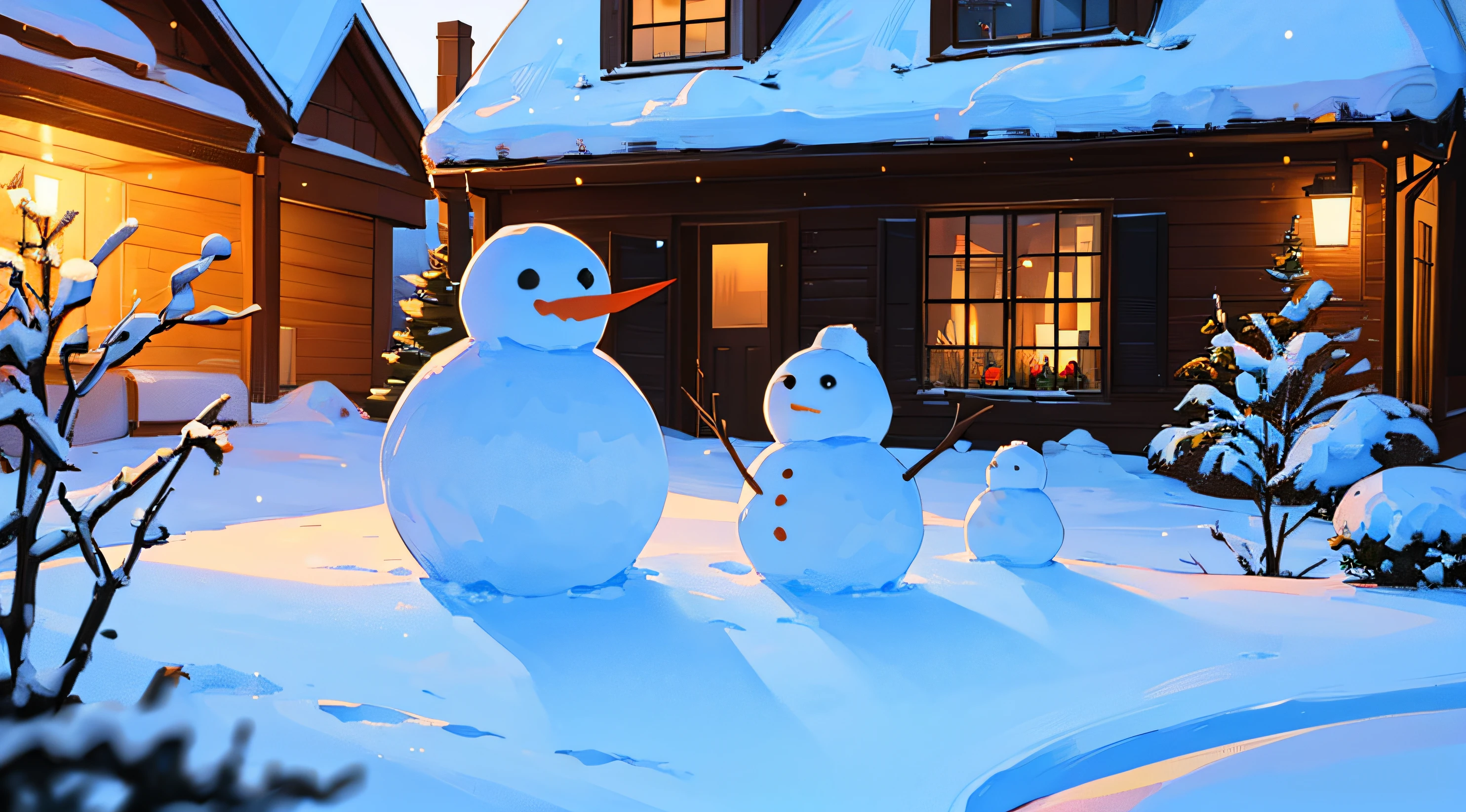 ((Best Quality, 8K, Masterpiece: 1.3)), A family building a snowman in their backyard during winter, portraying the joy of seasonal activities.