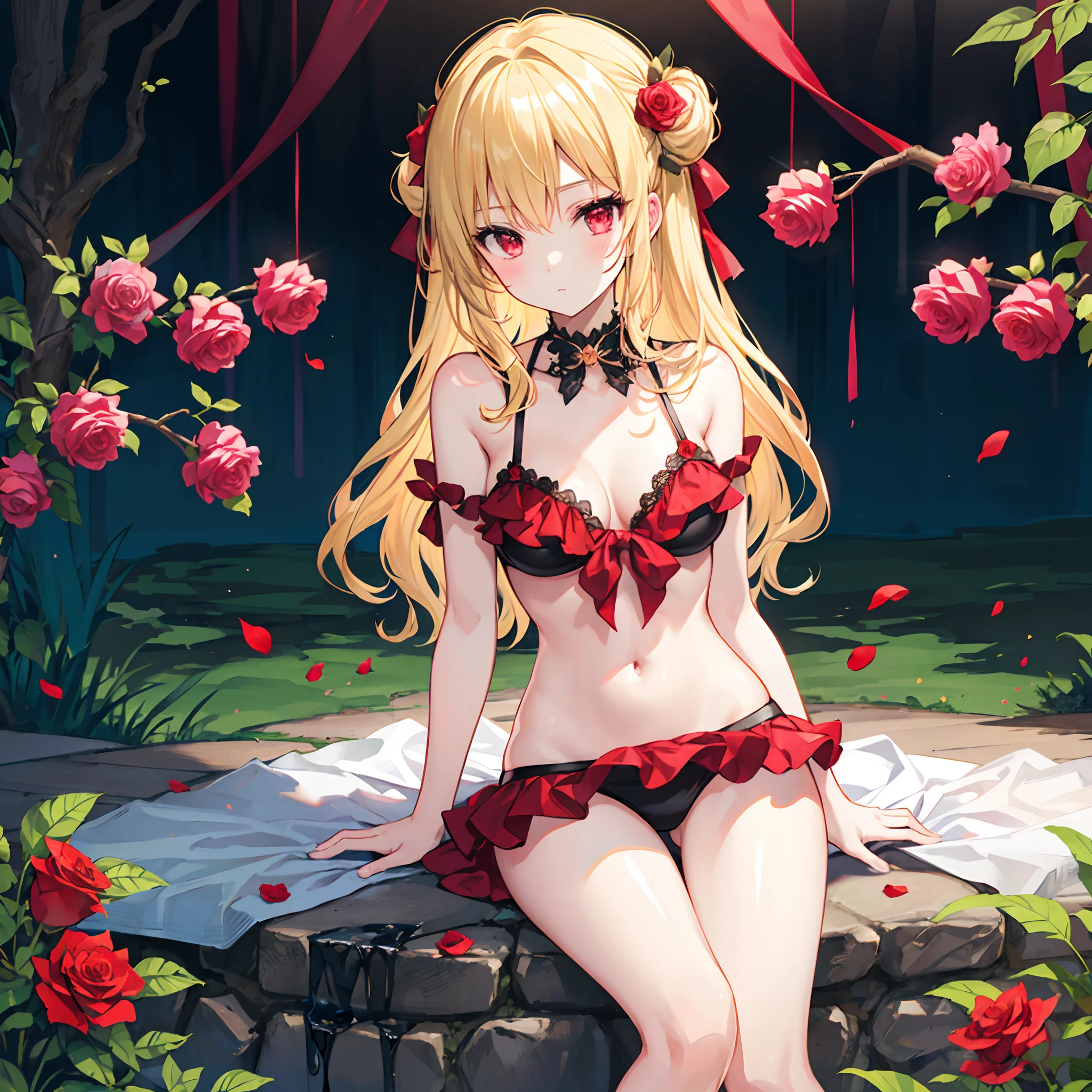 Wavy blonde、red eyes、Beautiful girl alone、The bikini、gravure、sitting on、rose garden、Bouquet of roses、Gentle expression