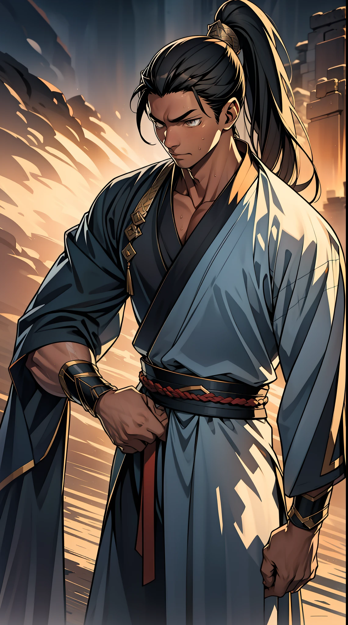 quadratic element,style of anime,mtu(Male Warrior),The proportions are correct,Face details,swordsmen,High ponytail hairstyle,Neck details,There is an Adam's apple,Black Hanfu,kaftan,Embroidered robes,Black robe,clothes details,Handing over,longer sleeves,Game quality,Swordsmanship,Light and shadow tracking,Ray traching,detailed glow,cg render,hair detail,cabelos preto e longos,Black eyes,Handsome,Handsome,(juvenile sense),Clothing is complicated,Perfectcomposition,Refinement,high qulity,higher details,Lots of details,The background is complex,a sense of atmosphere,