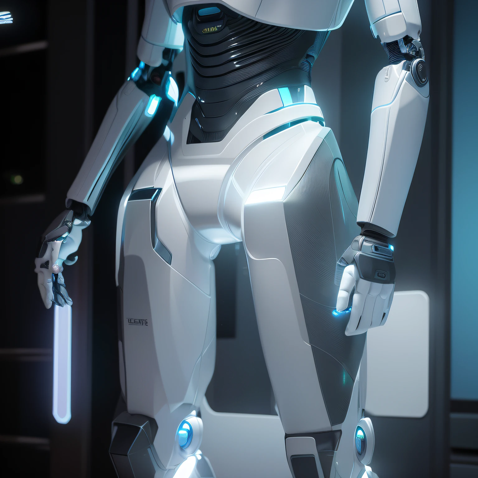 Close-up of a robot standing in a room with lights, Super detailed male robot, realistic shaded robotic parts, rendered in nvidia's omniverse, detailed humanoid, sci - fi details, extra detailed body, Futuristic robot body, detailed cinematic rendering, sci-fi android female, With cinematic lighting, in white futuristic armor, detailed cinematic shot