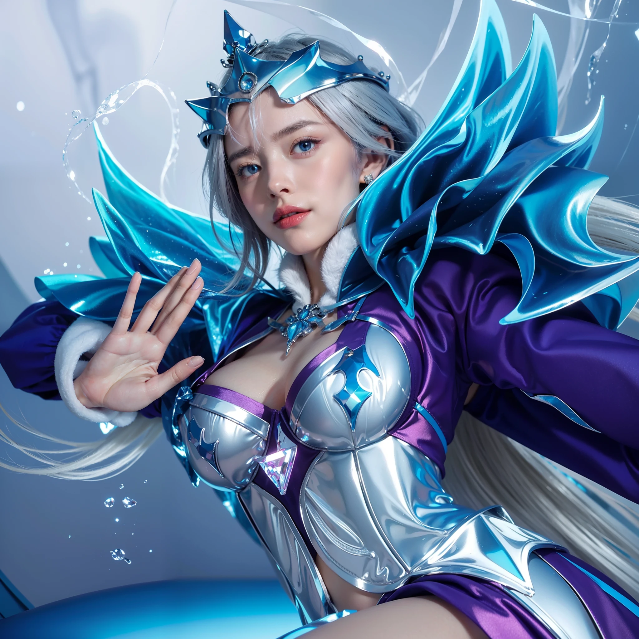 Best quality, ultra high definition, silver long hair, ice crown, crown of ice, blue ice neckles, blue eyes, 1 girl, silver hair, blue and white gown of ice, medium breast, detail, ultra detail, realistic, highly detail, high res, high definition, hd, 8k, ice accesory, big star of ice in her hips, palm of hand expose, 5 finger, blue stocking,