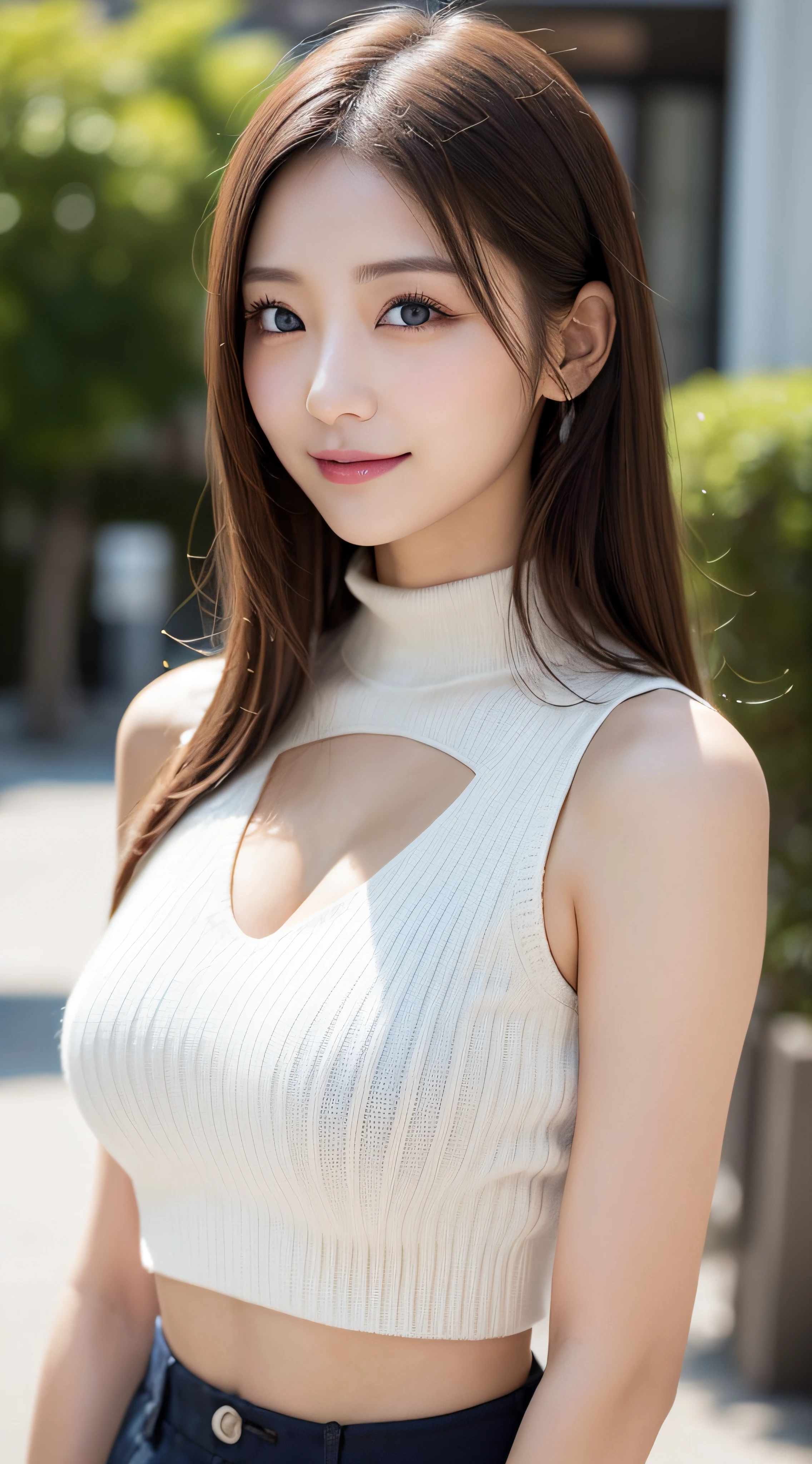 masutepiece, Best Quality, Photorealsitic, finely detail, hight resolution, 8K Wallpapers, Perfect dynamic composition, Beautiful detailed eyes, Medium Hair, large full breasts, Random and sexy poses,Bring your chest together、(Mock Neck Crop Tank Top White Knitwear、Cleavage looks realistic)、(Breast bulge 1.2)、A smile、open open mouth、Resort scenery、23years old、(Drooping eyes 1.4)、Adult beauty、japanes