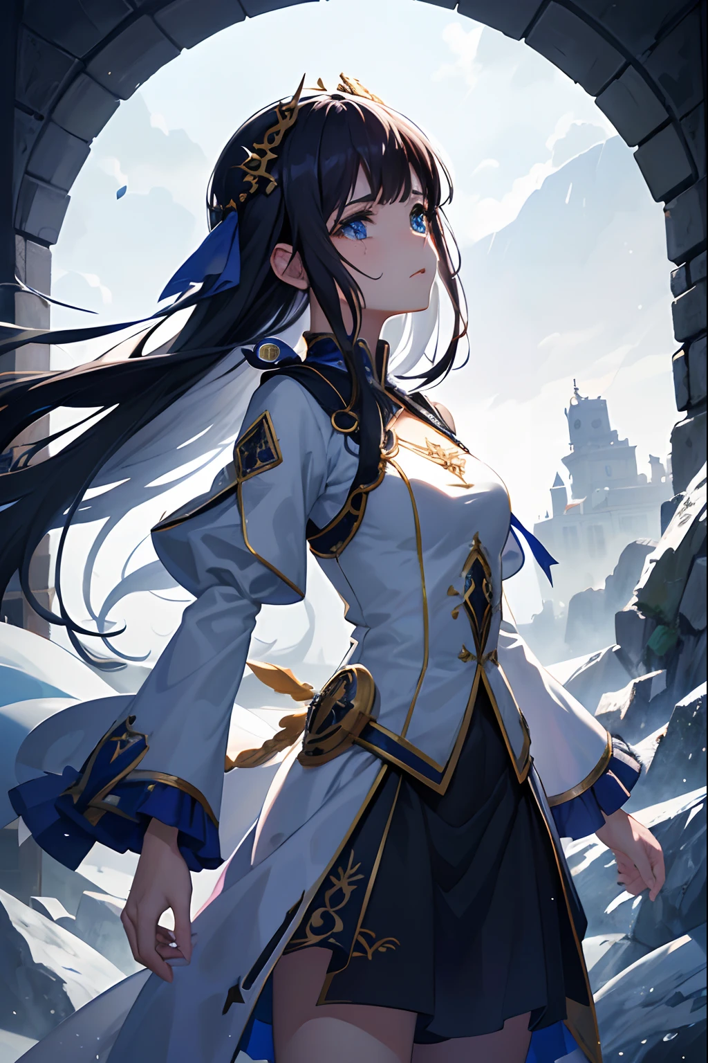 (La mejor calidad,4k,8k,Altas Resoluciones,Obra maestra:1.2),Ultra detallado,(realista,fotorrealista,fotorrealista:1.37),anime,Llorando chica de anime bajo una fuerte lluvia,llanto,cara llorando,Despedida sonriente,tears on her cheek,Fantasy clothing,Tristeza,vivid colors,emotion,Inclemencias del tiempo,sangre de heridas,tormenta,Gotas de lluvia detalladas,Lluvia torrencial,melancholy expression,hermosos ojos detallados,hermosos labios detallados,Emotional Expression,frail,Girl in a fantasy world