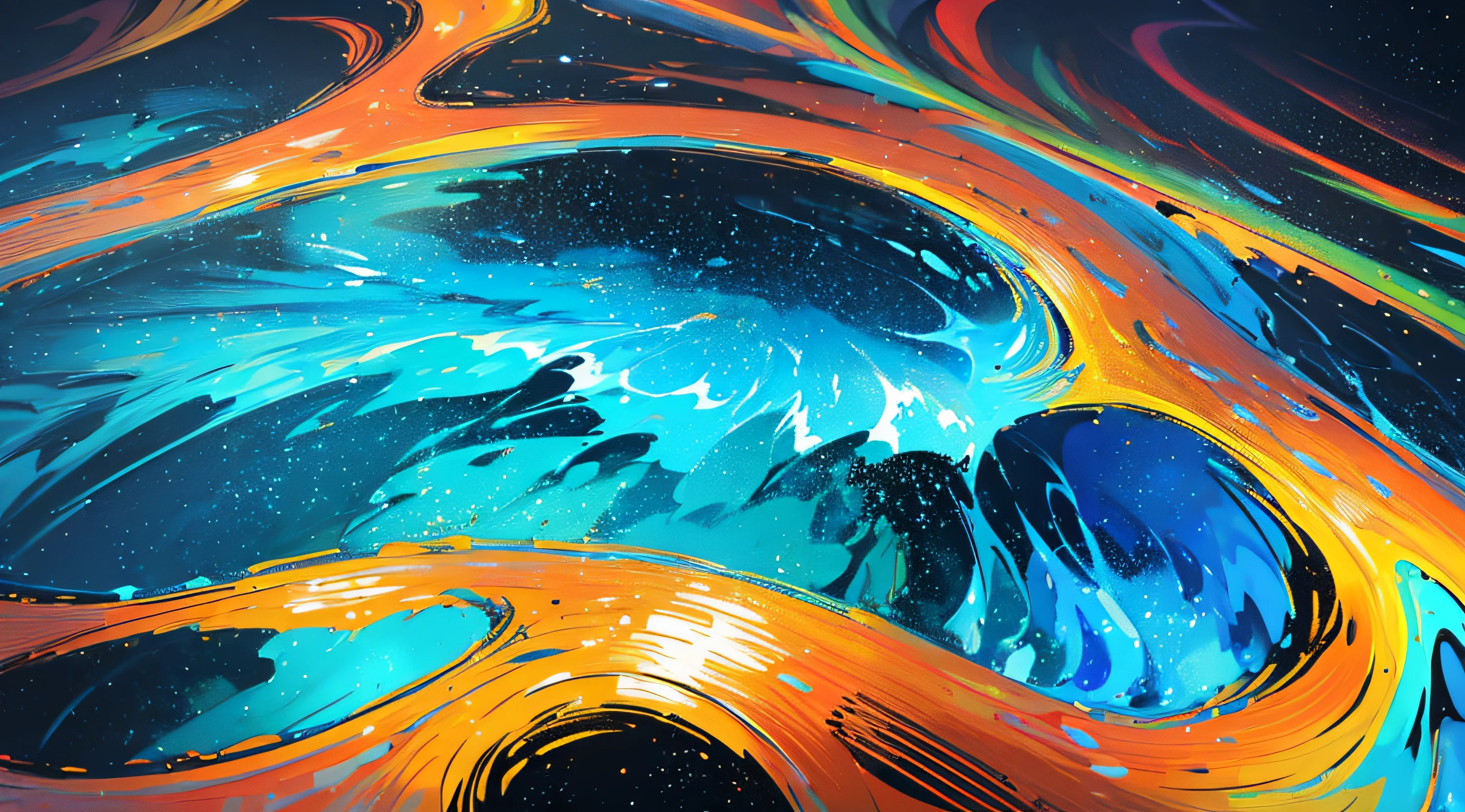 ((Best Quality, 8K, Masterpiece: 1.3)), A close-up of swirling, iridescent oil on water, creating mesmerizing patterns and vibrant colors.
