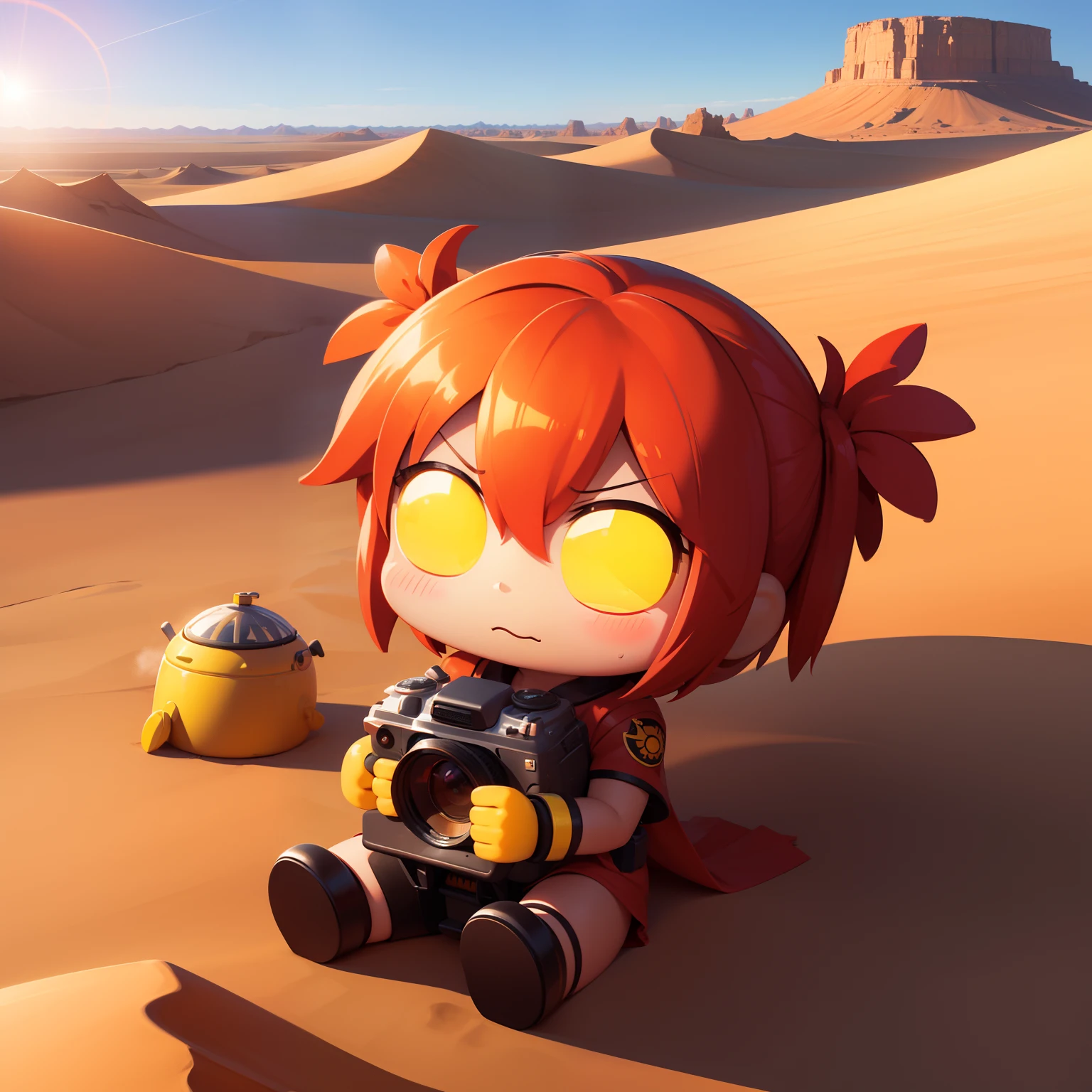 super high image, super detail, super high resolution, scorching sun, desert, hot and exhausted explorers, sweat, chibi, chibi character, deformed, cute, professional lighting