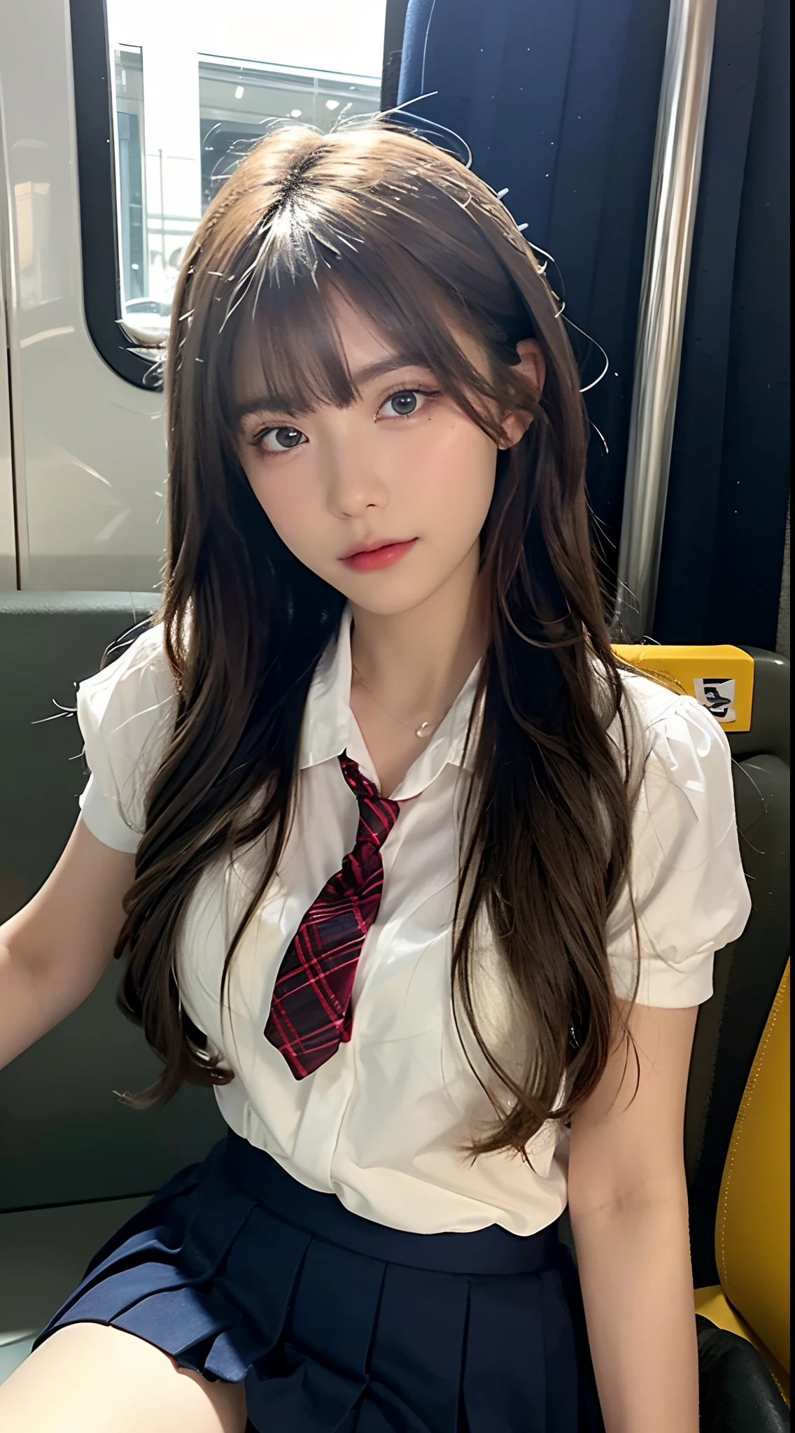 (masterpiece, bestquality:1.2), 10, 15 me, 85 mm., official art, RAW photo, Absurd, white blouse, pretty face, Up Close, Upper body, Violaceaess, Gardenia, beautiful girl, School uniform, (Navy pleated skirt:1.1), Curly waist, thights, short sleeves, In the train, Sit on the bench seat...................., looking at the audience, no makeup, (smile:0.4), grain of film, Chromatic aberration, crisp focus, face lights, Clear lighting, adolescent, detailed face, Bokeh background, (Dark red tie:1.1)