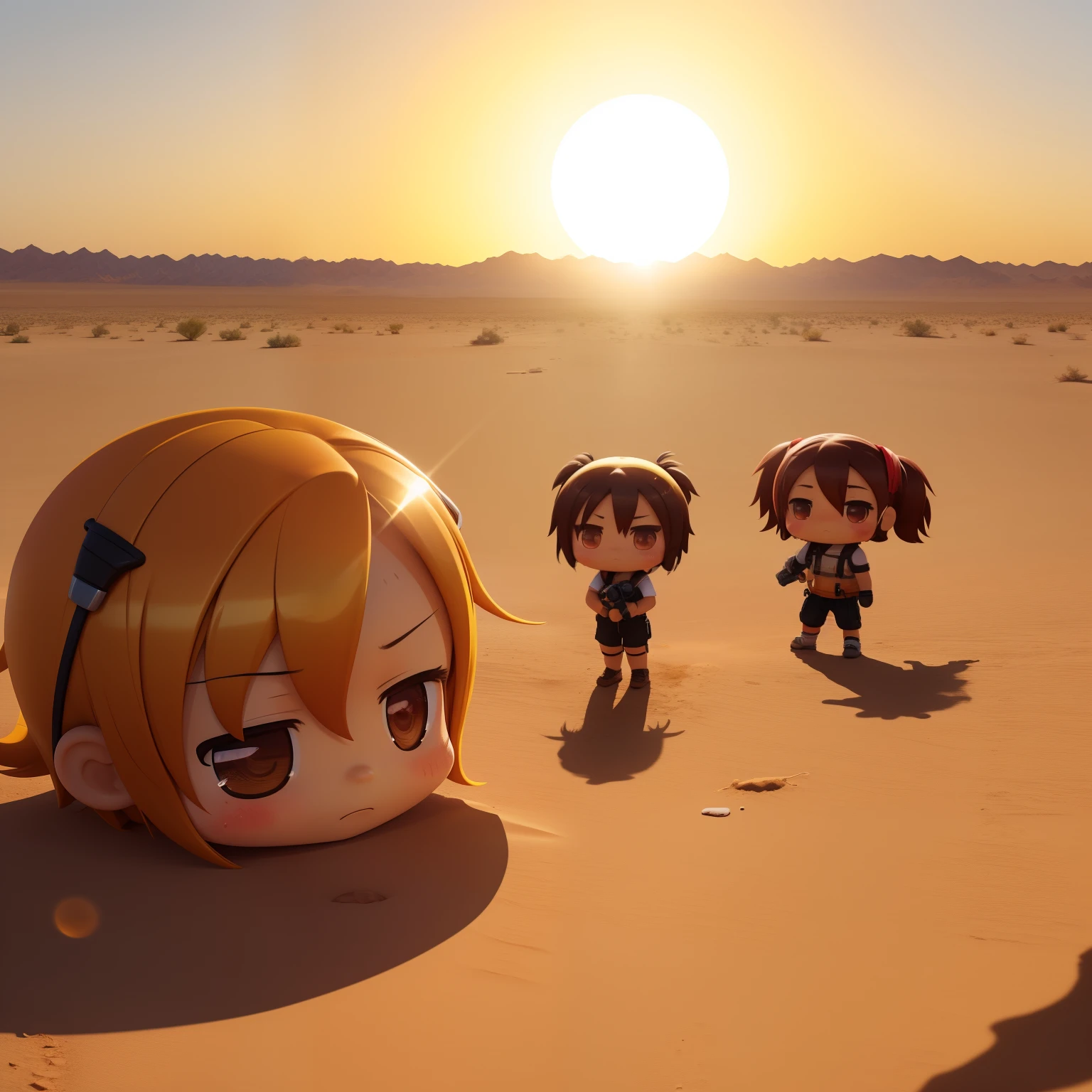 super high image, super detail, super high resolution, scorching sun, desert, hot and exhausted explorers, sweat, chibi, chibi character, deformed, cute, professional lighting