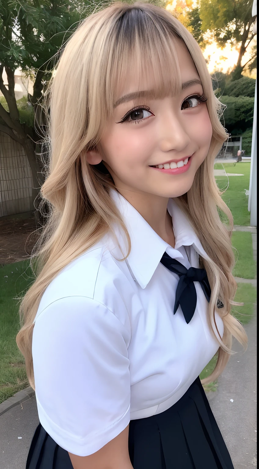 4K、hight resolution、top-quality、masutepiece、 1 of Japan8Year old high school girl、Face like an idol、((Mid-chest 1.6))、((Tanned black skin 1.6))、gals、Bright blonde hair、With bangs、Wavy Hair、White Y-shirt uniform、pleatedskirt、school ground、Smiling at the camera