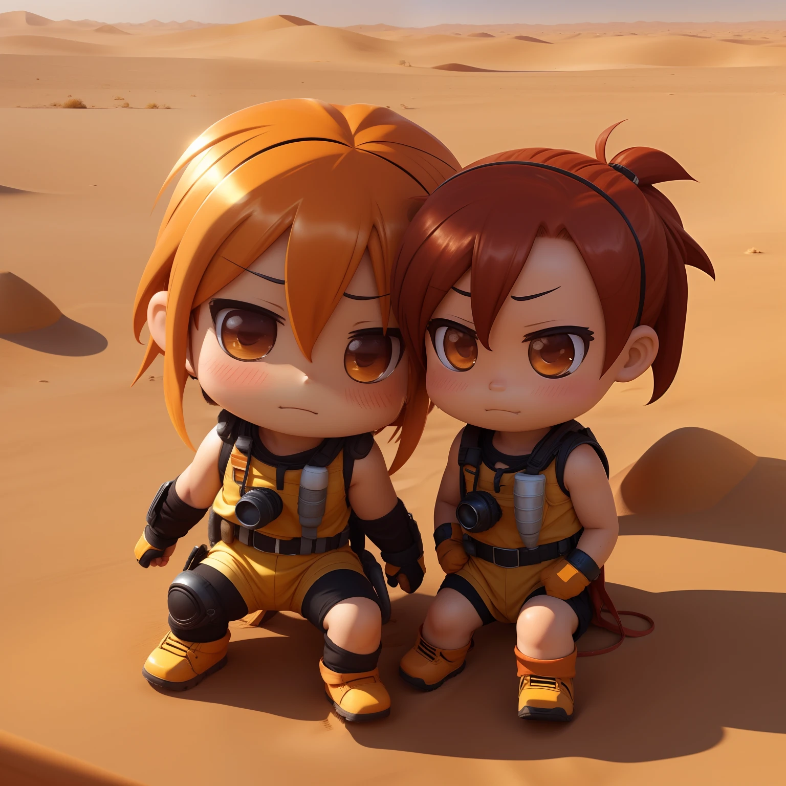 super high image, super detail, super high resolution, scorching sun, desert, hot and exhausted explorers, sweat, chibi, chibi character, deformed, cute, professional lighting