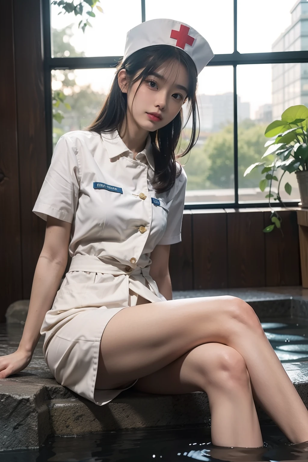 (full bodyesbian:1.5)，(1girll:1.3),(view the viewer:1.4)，(anatomy correct:1.4),(Sitting in the hot spring:1.2),(Wear a white nurse's uniform:1.2),(Accurate and perfect face:1.3),(Long legs:1.3),hyper HD, Ray traching, reflective light， structurally correct, Award-Awarded, High detail, Fade-in and fade-out shadow contrast, Face lighting ，Cinematic lighting, Masterpiece, super detailing, High quality, High detail, Best quality, 16k，High contrast,