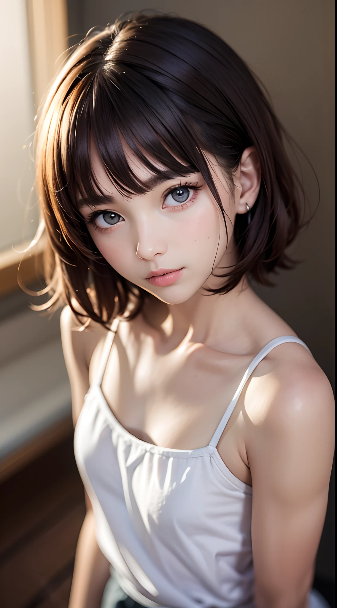 (masterpiece, best quality:1.4), 8k, 85mm, official art, absurdres, (downblouse:1.2), (from above:1.1), violaceaess, cute face, beautiful eyes, camisole, upper body, looking at viewer, short hair, bangs, small head, (smile:0.6), sharp focus, facelight, dynamic lighting, cinematic lighting, dramatic shadow, perspective, depth of field, highres, ultra detailed, finely detail, extremely detailed, detailed eyes and face, sharp pupils, realistic pupils, simple background, small waist, flare skirt