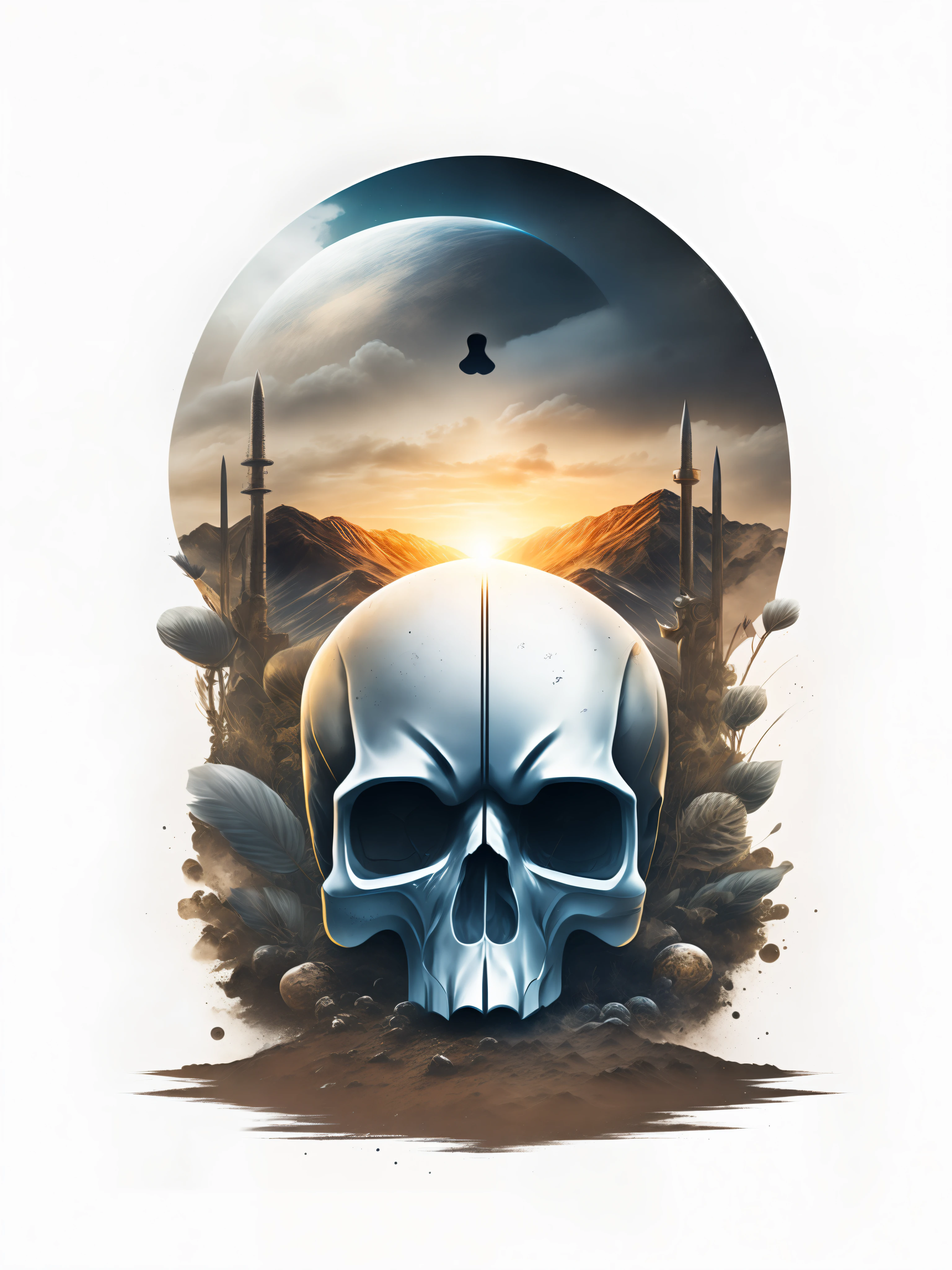 A metallic skull in an apocalyptic landscape, design de camiseta, rzminjourney, arte vetorial, fundo branco