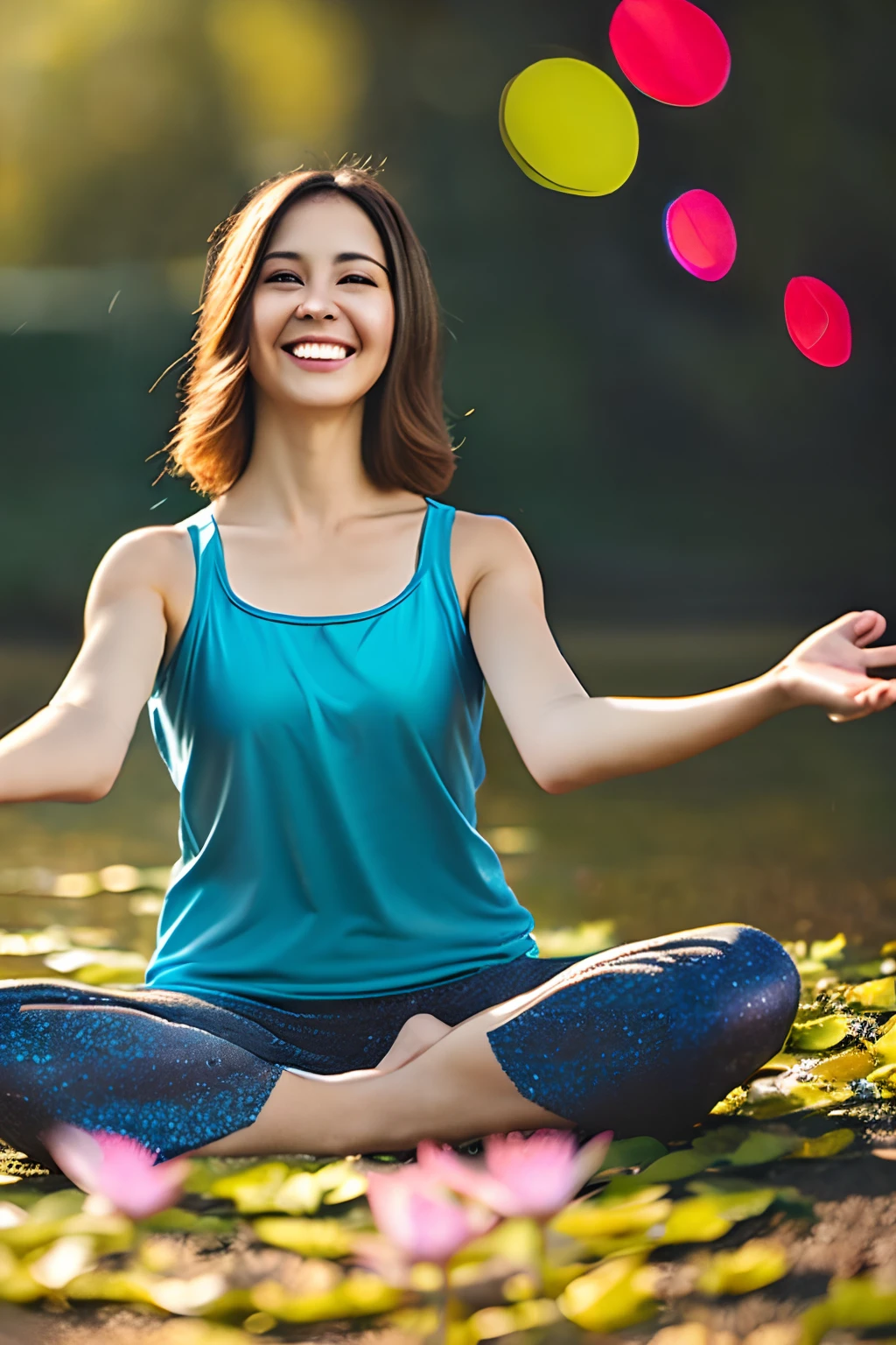 a woman in lotus pose floating above the ground, smiling slightly, blissful, bokeh