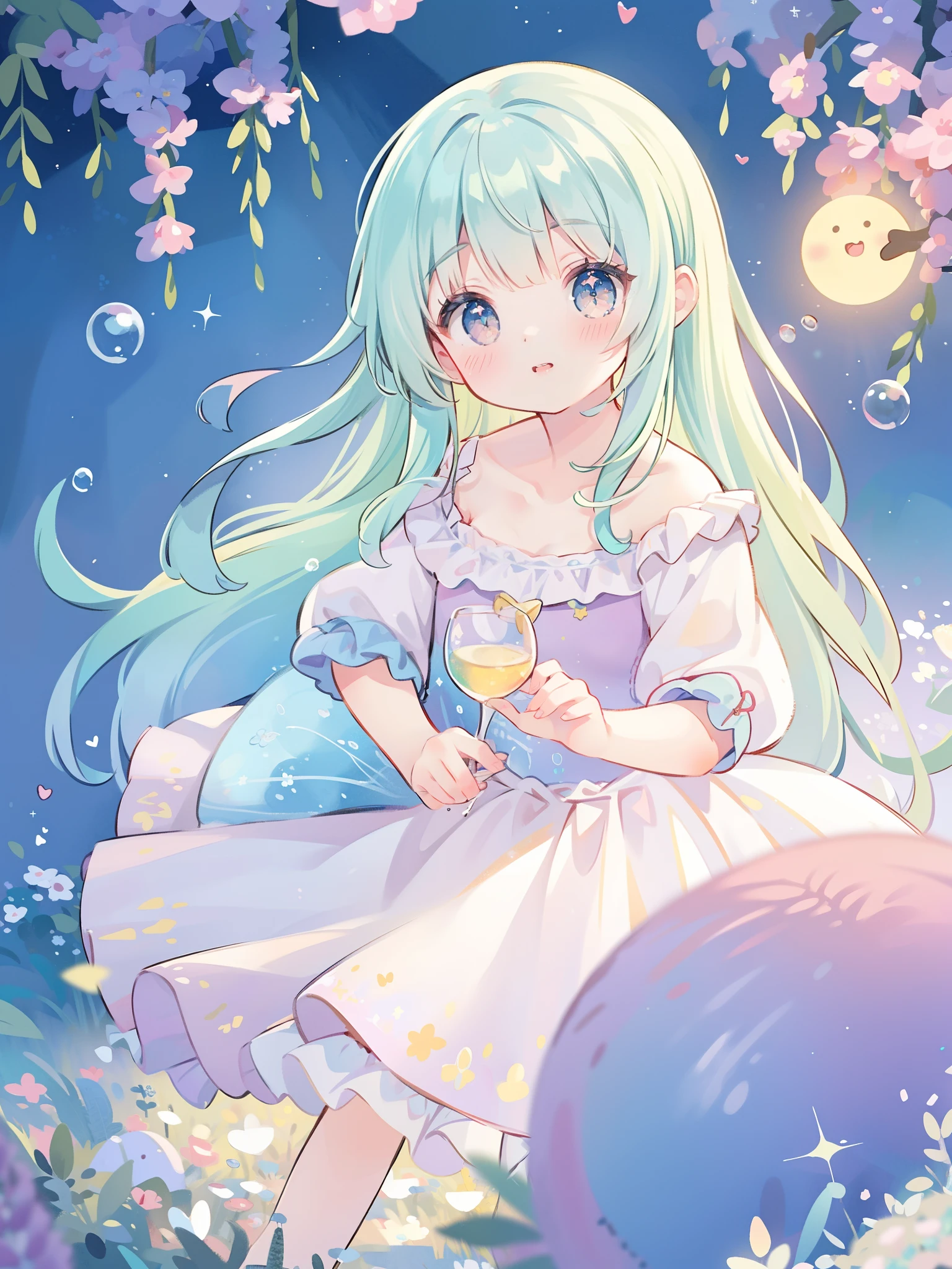 masterpiece, best quality, 8k resolution, sharp focus, intricate detail, beautiful girl, sparkling eyes, golden ratio face, otherworldly liquid, watercolor, ((pastel colors)), bright colors, whimsical, colorful, sharp focus, high resolution, fine detail, princess fantasy ballgown, ((round eyes)), iridescent bubbles, castle landscape in background