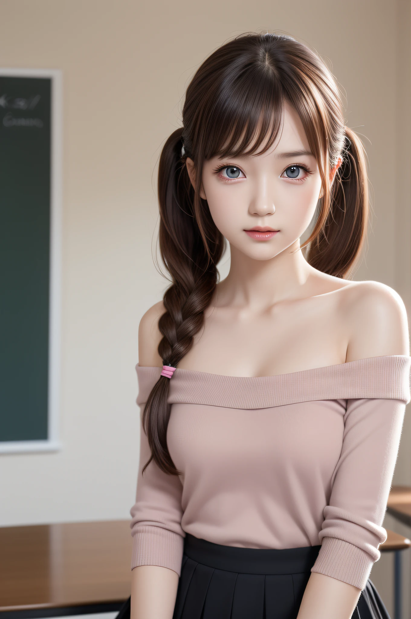 ((1girl in)), ((Best Quality)), (Ultra-detailed), (extremely detailed CG unified 8k wallpaper), Highly detailed, High-definition raw color photos, Professional Photography, (Twintails), Brown hair, Amazing face and eyes, Pink eyes, (amazingly beautiful girl), School, classroom, off shoulder,