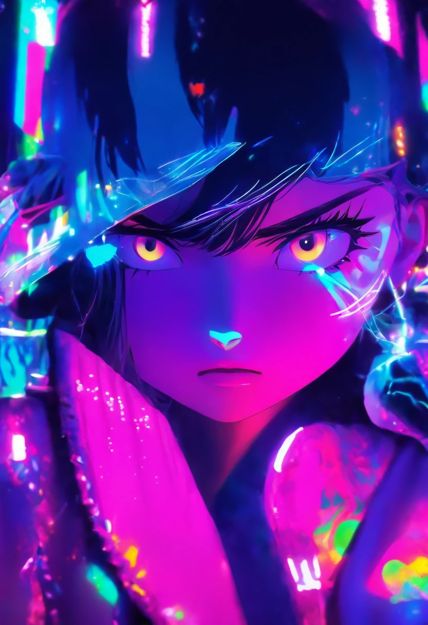 Young adult girl with black layered hair, straight front bangs, purple right eye and pink left eye, white holographic Jacket with hood, Night background with neon lights in amusement park, different expressions ,Facial expression