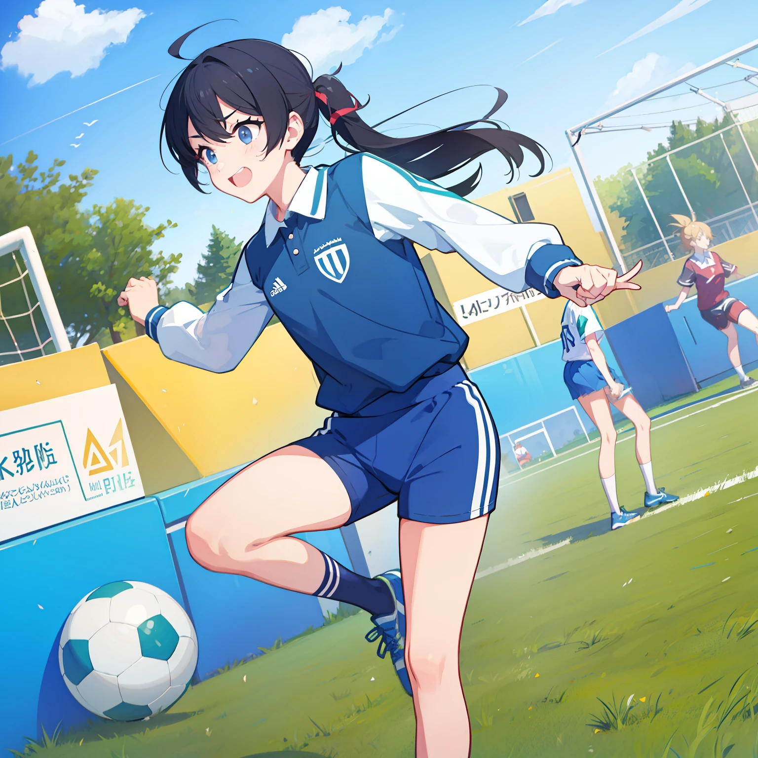sporty fun male femboy in school pe uniform playing soccer