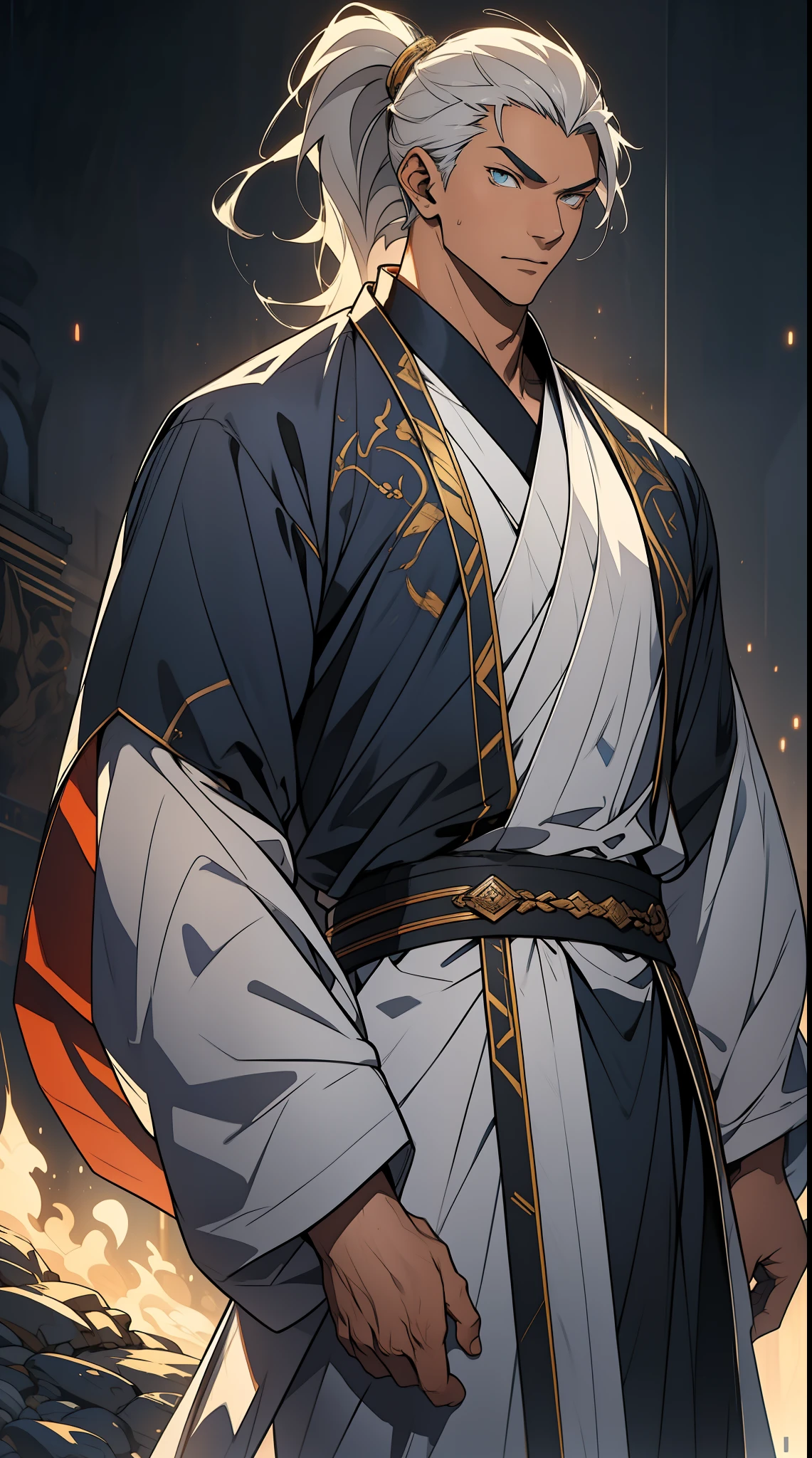 quadratic element,style of anime,mtu(Male Warrior),The proportions are correct,Face details,swordsmen,High ponytail hairstyle,Neck details,There is an Adam's apple,White robe,kaftan,long white robe,clothes details,Handing over,longer sleeves,Game quality,Swordsmanship,Light and shadow tracking,Ray traching,detailed glow,cg render,hair detail,cabelos preto e longos,blue colored eyes,Handsome,Handsome,(juvenile sense),Clothing is complicated,Perfectcomposition,Refinement,high qulity,higher details,Lots of details,The background is complex,a sense of atmosphere,
