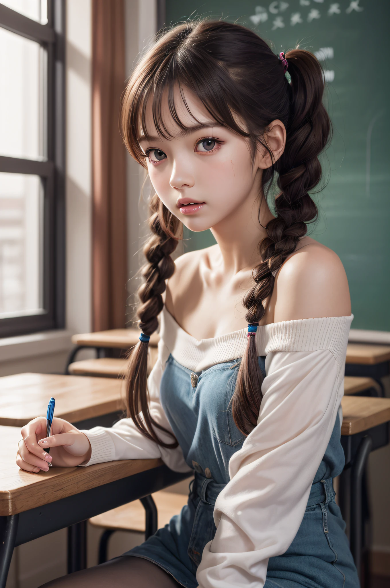((1girl in)), ((Best Quality)), (Ultra-detailed), (extremely detailed CG unified 8k wallpaper), Highly detailed, High-definition raw color photos, Professional Photography, (Twintails), Brown hair, Amazing face and eyes, Pink eyes, (amazingly beautiful girl), School, classroom, off shoulder,