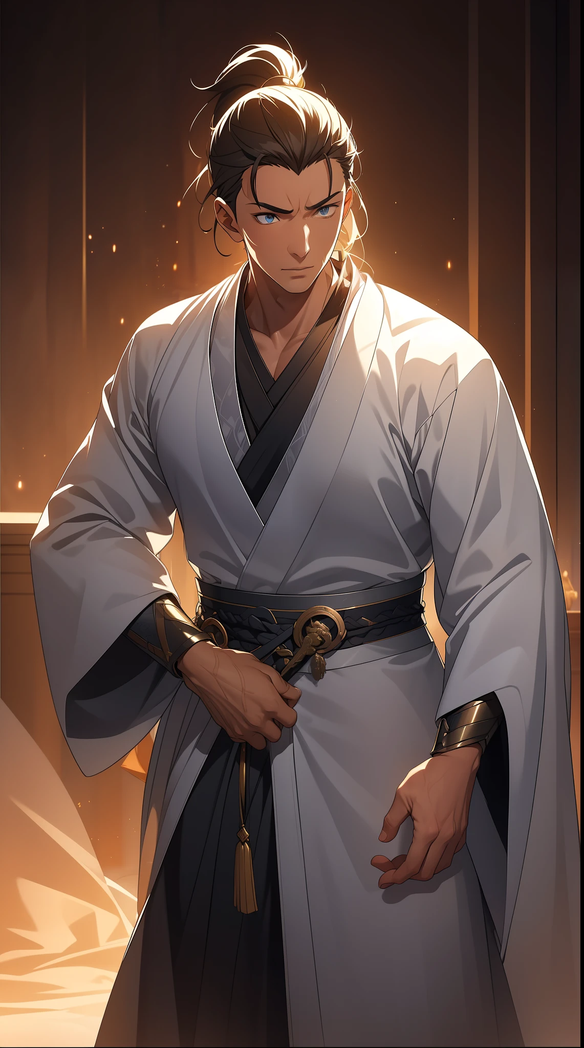 quadratic element,style of anime,mtu(Male Warrior),The proportions are correct,Face details,swordsmen,High ponytail hairstyle,Neck details,There is an Adam's apple,White robe,kaftan,long white robe,clothes details,Handing over,longer sleeves,Game quality,Swordsmanship,Light and shadow tracking,Ray traching,detailed glow,cg render,hair detail,cabelos preto e longos,blue colored eyes,Handsome,Handsome,(juvenile sense),Clothing is complicated,Perfectcomposition,Refinement,high qulity,higher details,Lots of details,The background is complex,a sense of atmosphere,