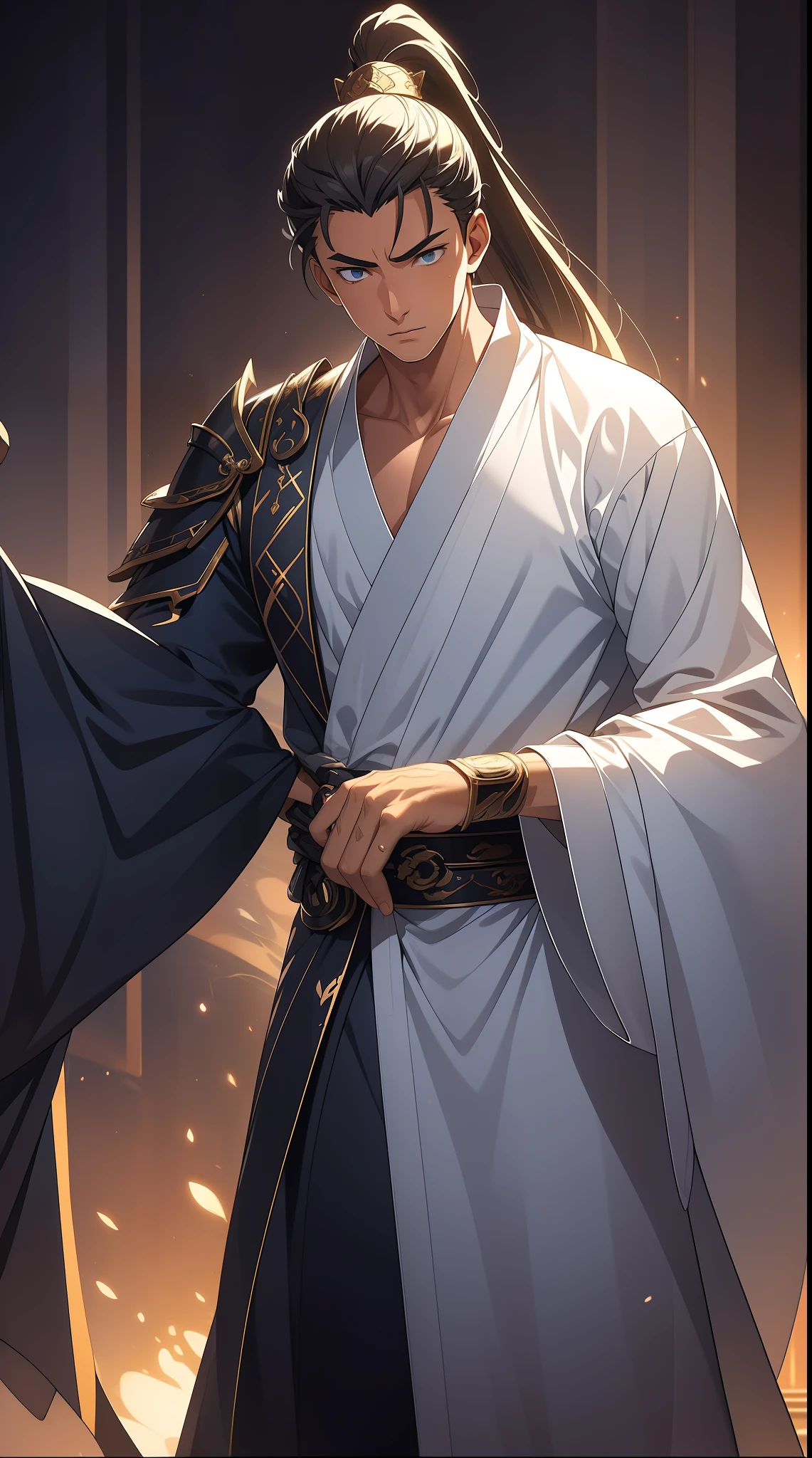 quadratic element,style of anime,mtu(Male Warrior),The proportions are correct,Face details,swordsmen,High ponytail hairstyle,Neck details,There is an Adam's apple,White robe,kaftan,long white robe,clothes details,Handing over,longer sleeves,Game quality,Swordsmanship,Light and shadow tracking,Ray traching,detailed glow,cg render,hair detail,cabelos preto e longos,blue colored eyes,Handsome,Handsome,(juvenile sense),Clothing is complicated,Perfectcomposition,Refinement,high qulity,higher details,Lots of details,The background is complex,a sense of atmosphere,
