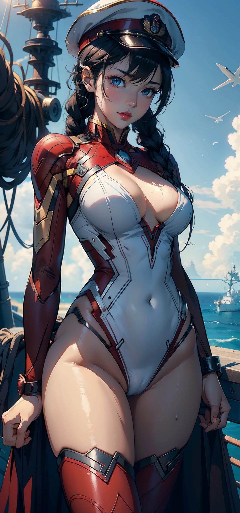 1female,35yo,plumw,extremely large bosom, 独奏,(Background with:warships,the sea,battleships,) She has short black hair,Standing at the bow of the ship,,seen from the front, Twist braids, mostly cloudy sky,(((tmasterpiece),(Very detailed CG unity 8K wallpaper),best qualtiy,cinmatic lighting,detailed back ground,beatiful detailed eyes,Bright pupils,Blue eyes,Snow-whiteskin,Redlip(Very fine and beautiful),(Beautiful and detailed eye description),ultra - detailed,tmasterpiece,))facing at camera,A high resolution,ultra - detailed),revealing breasts,Bare genitalia, Bulge,legs are open,Raised sexy,Camel toes,Flushed complexion,Desire for dissatisfaction,frontage,Soviet Navy,Officer's cap,Spidey,Iron Man uniform,比基尼