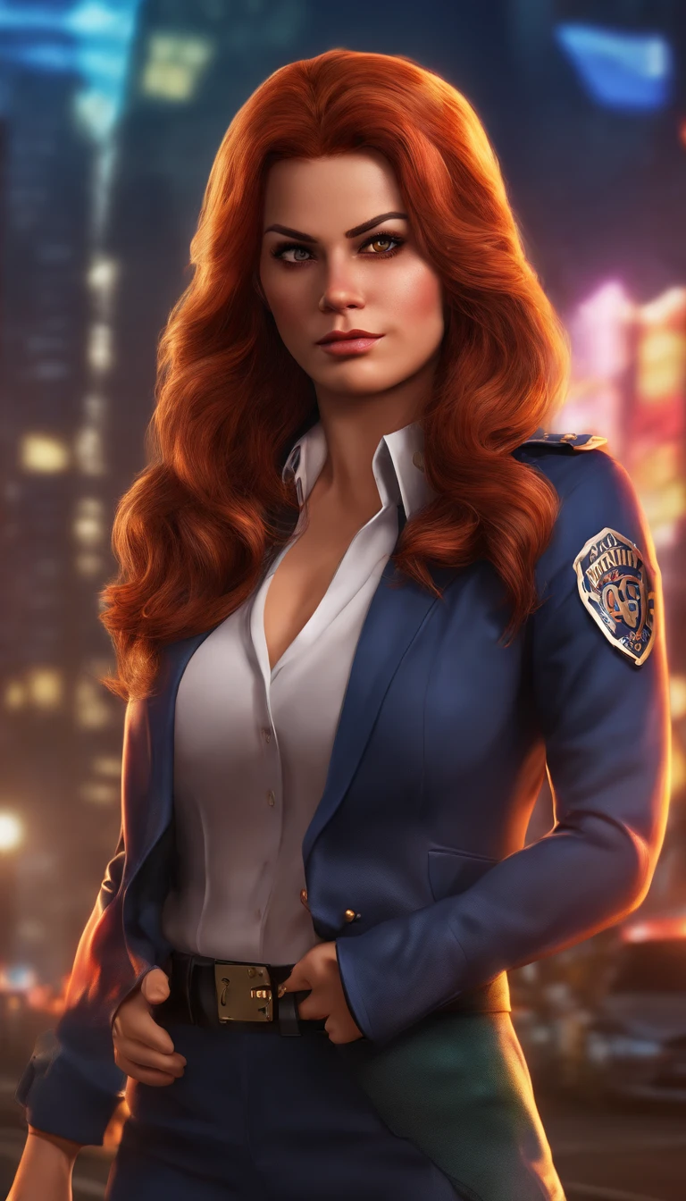 (melhor qualidade,4k,8k,alto,master part:1.2),ultra-detalhado,(Realistic,fotorrealista,photo-realistic:1.37),Barbara Gordon, Jovem mulher de 19 anos l, Cabelos ruivos bonitos, vestindo uniforme policial,olhos castanhos penetrantes, Beleza Suprema, Gotham City Setting, postura forte e confiante, Determined expression,vivid colors,foco nítido,pintura detalhista,professional lighting,Estilo Retrato, dramatic lighting,Bokeh