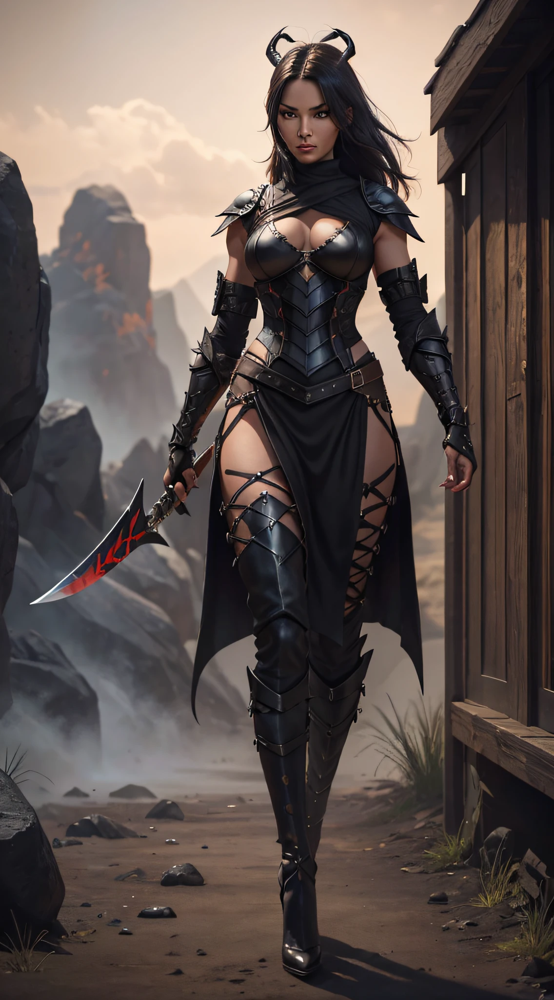 anthro (black scorpion), female, adult, assassin, scorpion tail, pincers, wears black body armor, wields knives, high heels, fit, seductive, sexy, hot, sultry, shapely, detailed background, wilderness background, photorealistic, hyper realistic, ultra detailed