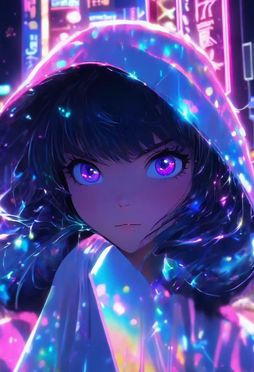 Young adult girl with black layered hair, straight front bangs, purple right eye and pink left eye, white holographic Jacket with hood, Night background with neon lights in amusement park, different expressions ,Background bubbles, white skin
