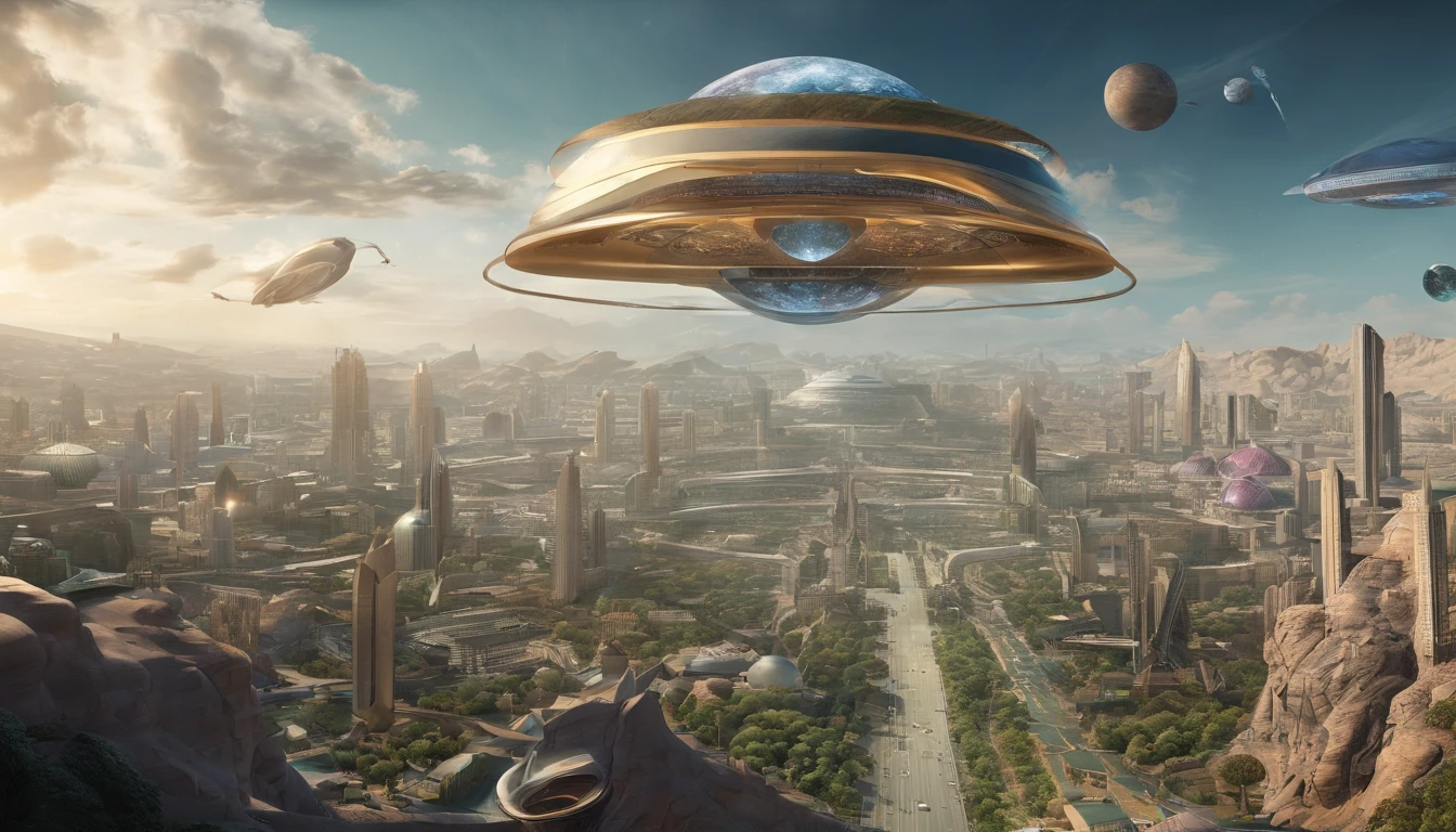 What photography,Ultra photo realsisim,Hyper-detailing,Ultra-wide-angle picture,24th century,sci fi city,and the sun was shining brightly,Tech City of the Future,Oval building,Suspended circular aircraft,Roads leading in all directions,highly detailed surreal vfx,Smudge,Faraway view,super-fine,ultra - detailed,high qulity,8K ,oc rendered,dynamic viewing angle