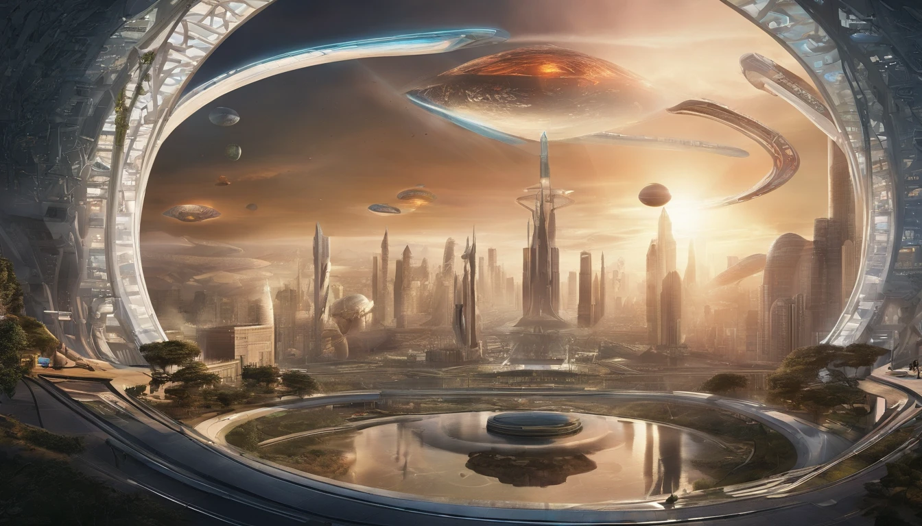 What photography，Ultra photo realsisim，Hyper-detailing，Ultra-wide-angle picture，24th century，sci fi city，and the sun was shining brightly，Tech City of the Future，Oval building，Suspended circular aircraft，Roads leading in all directions，highly detailed surreal vfx，Smudge，Faraway view，super-fine，ultra - detailed，high qulity，8K ，oc rendered，dynamic viewing angle